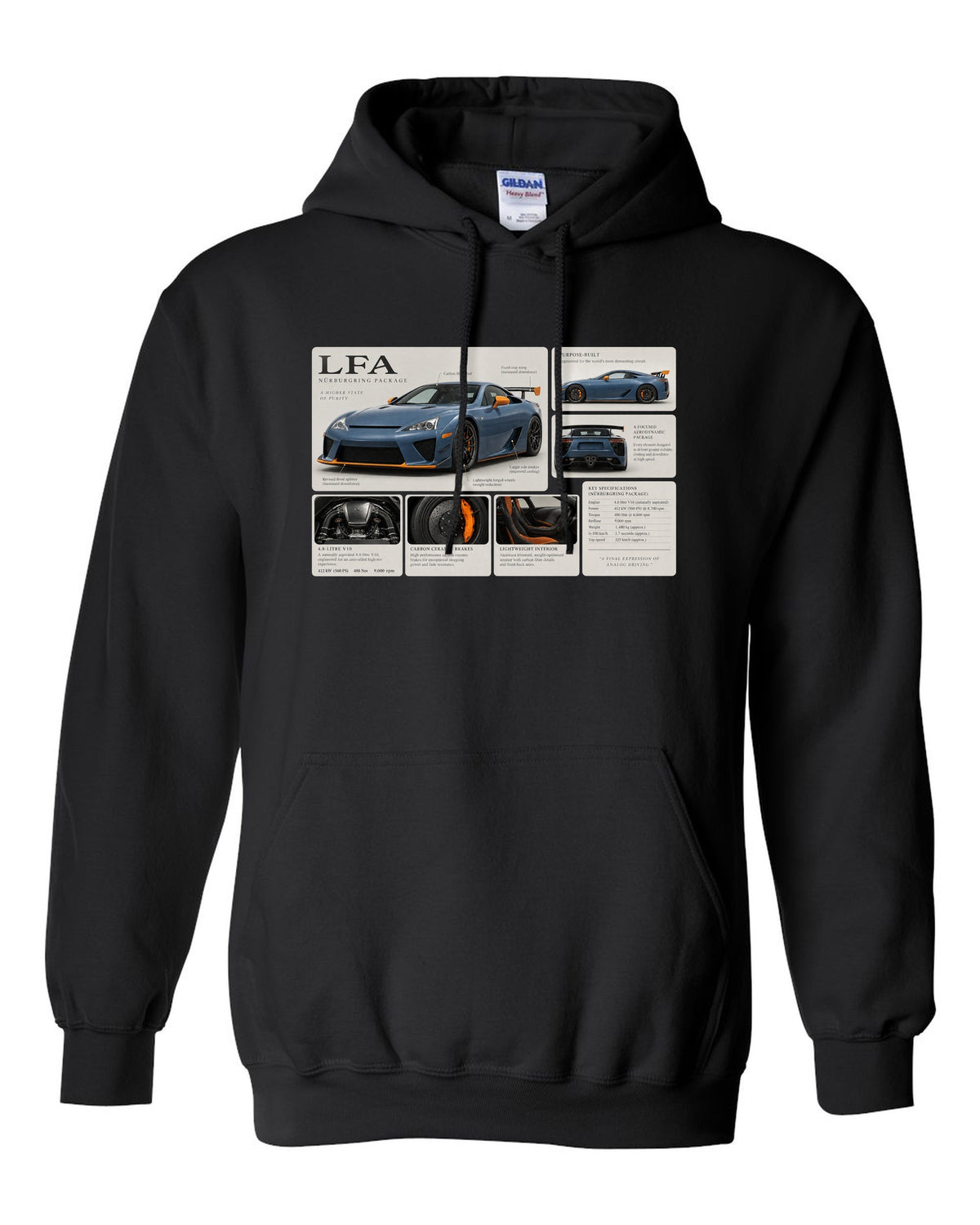 Dossier panel layout for the Lexus LFA Nurburgring Package with V10 notes black pull over hoodie front view with the design