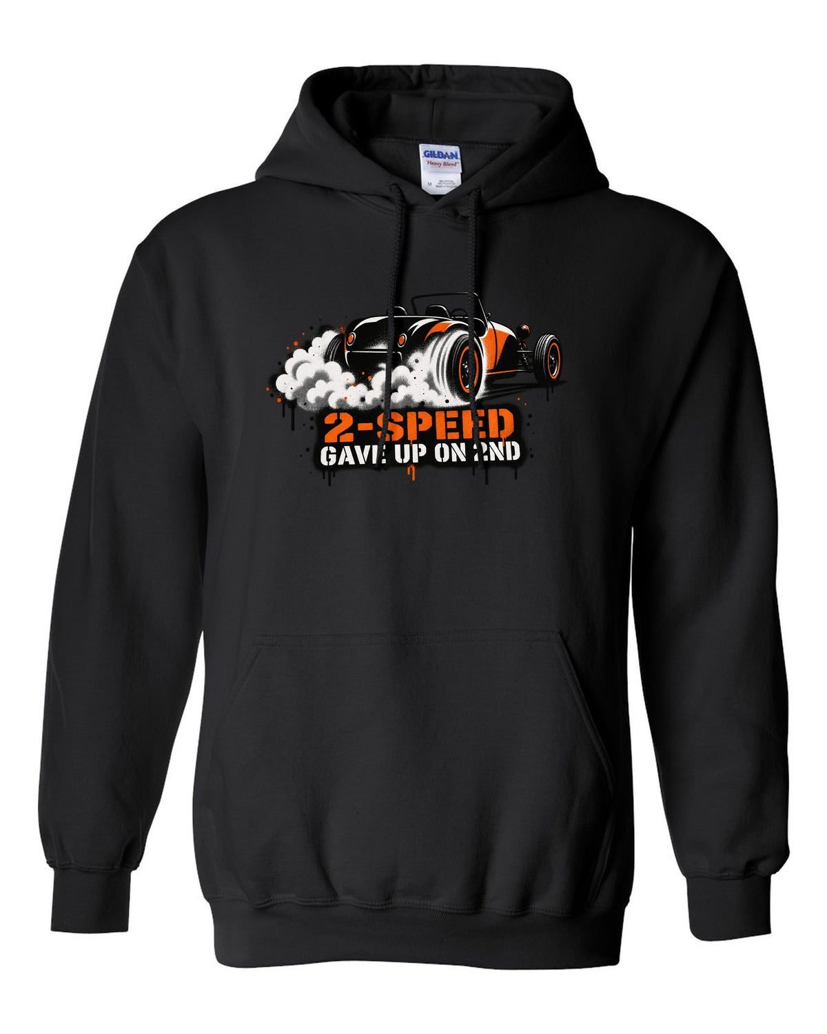 Spray stencil street art print of a Tesla Roadster Gen 1 reading 2-Speed Gave Up on 2nd black pull over hoodie front view with the design
