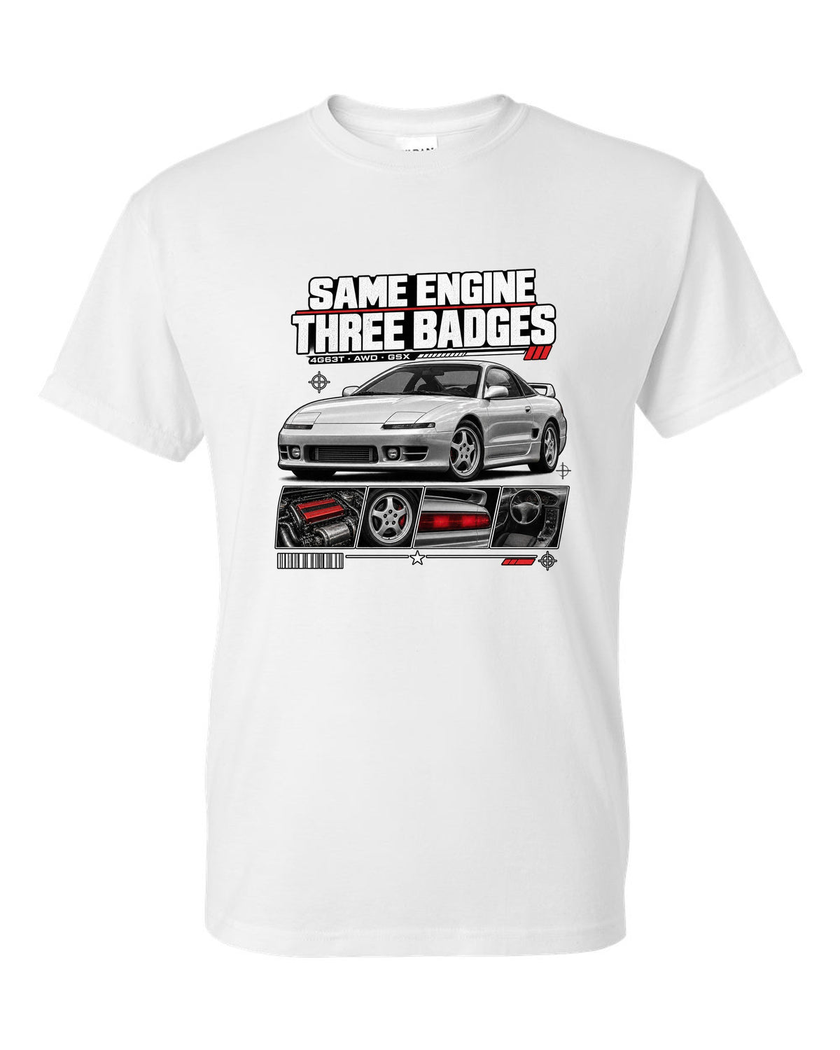Mitsubishi Eclipse GSX 2G dossier panels with same engine three badges 4G63T text white t-shirt front view with the design