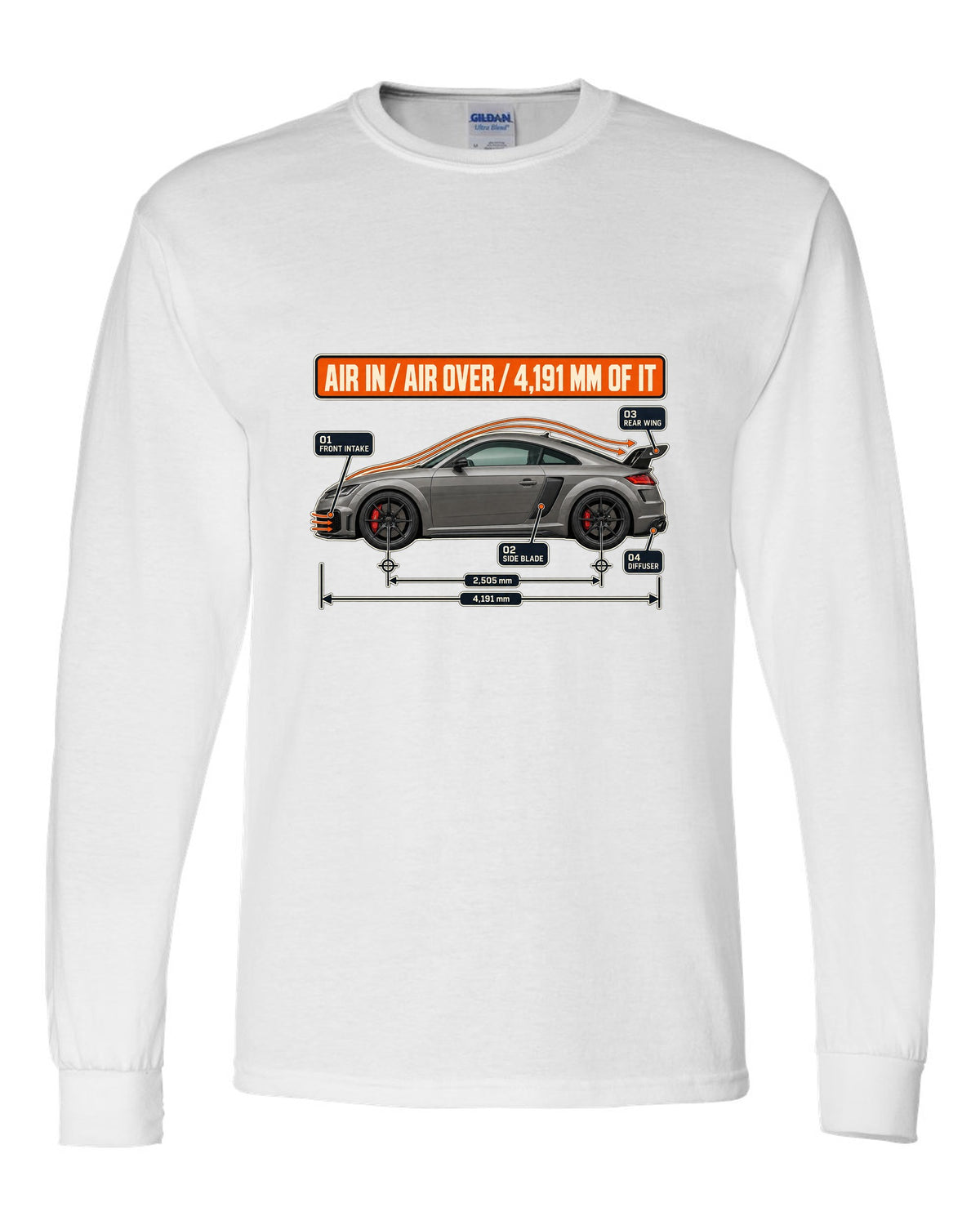 Audi TT RS facelift aero cutaway diagram with airflow callouts print white long sleeve front view with the design