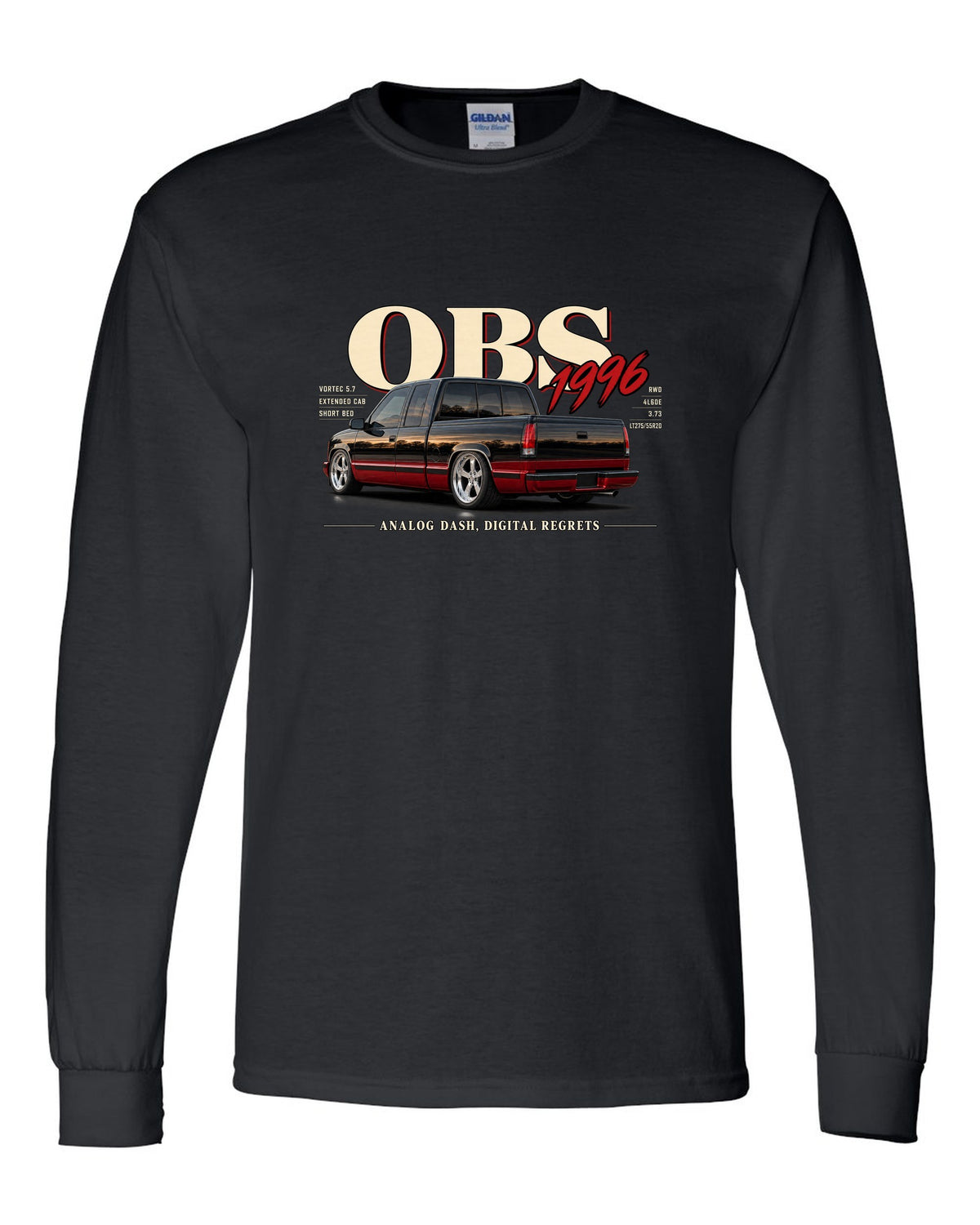 1996 OBS Chevy C1500 extended cab editorial headline print black long sleeve front view with the design
