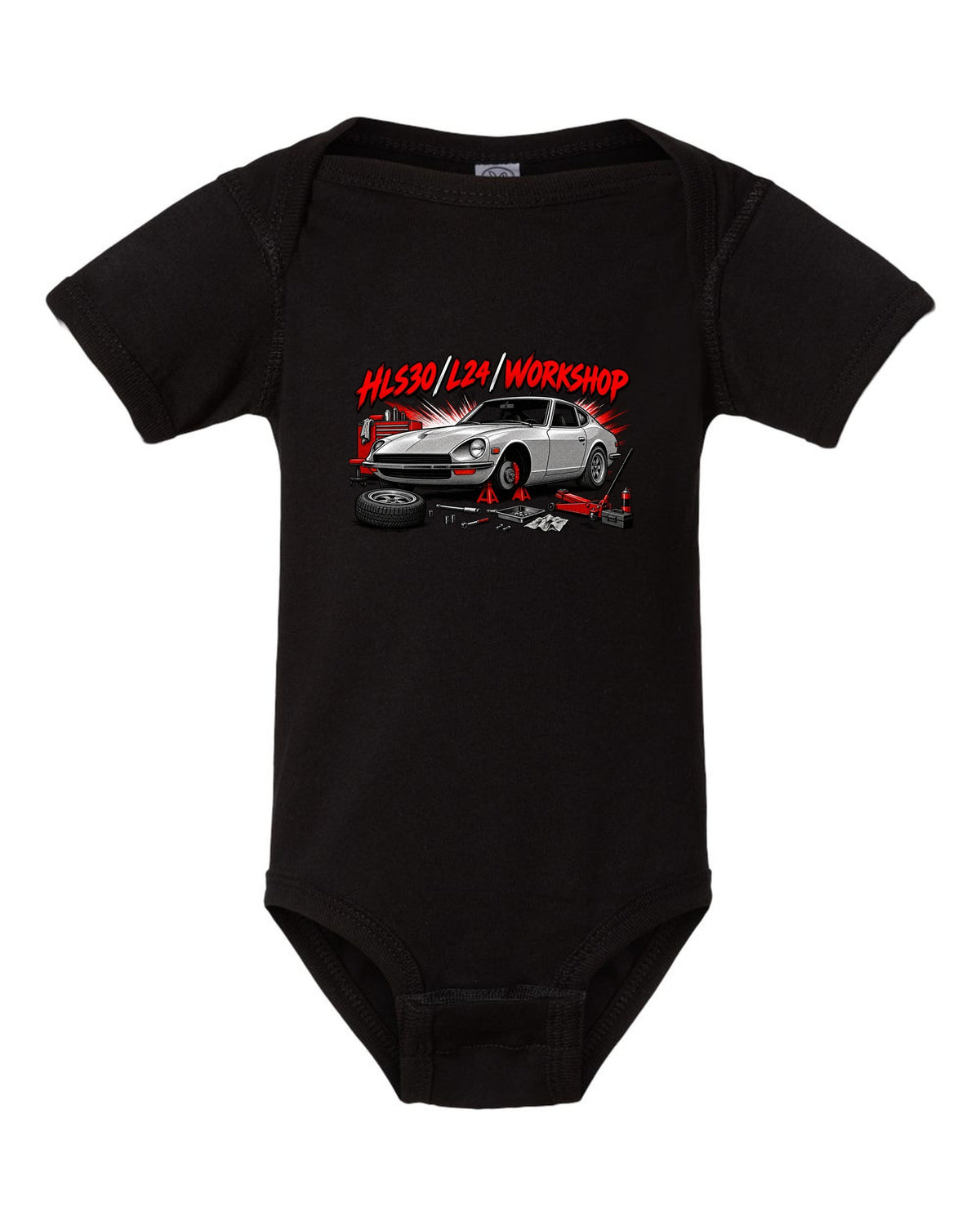 Retro manga halftone panel print of the Datsun 240Z HLS30 with L24 workshop lettering black baby onesie front view with the design