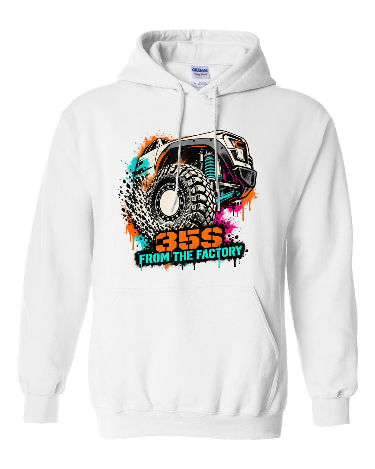 Stencil spray street art print of a Ram 1500 TRX wheel with 35S lettering white pull over hoodie front view with the design