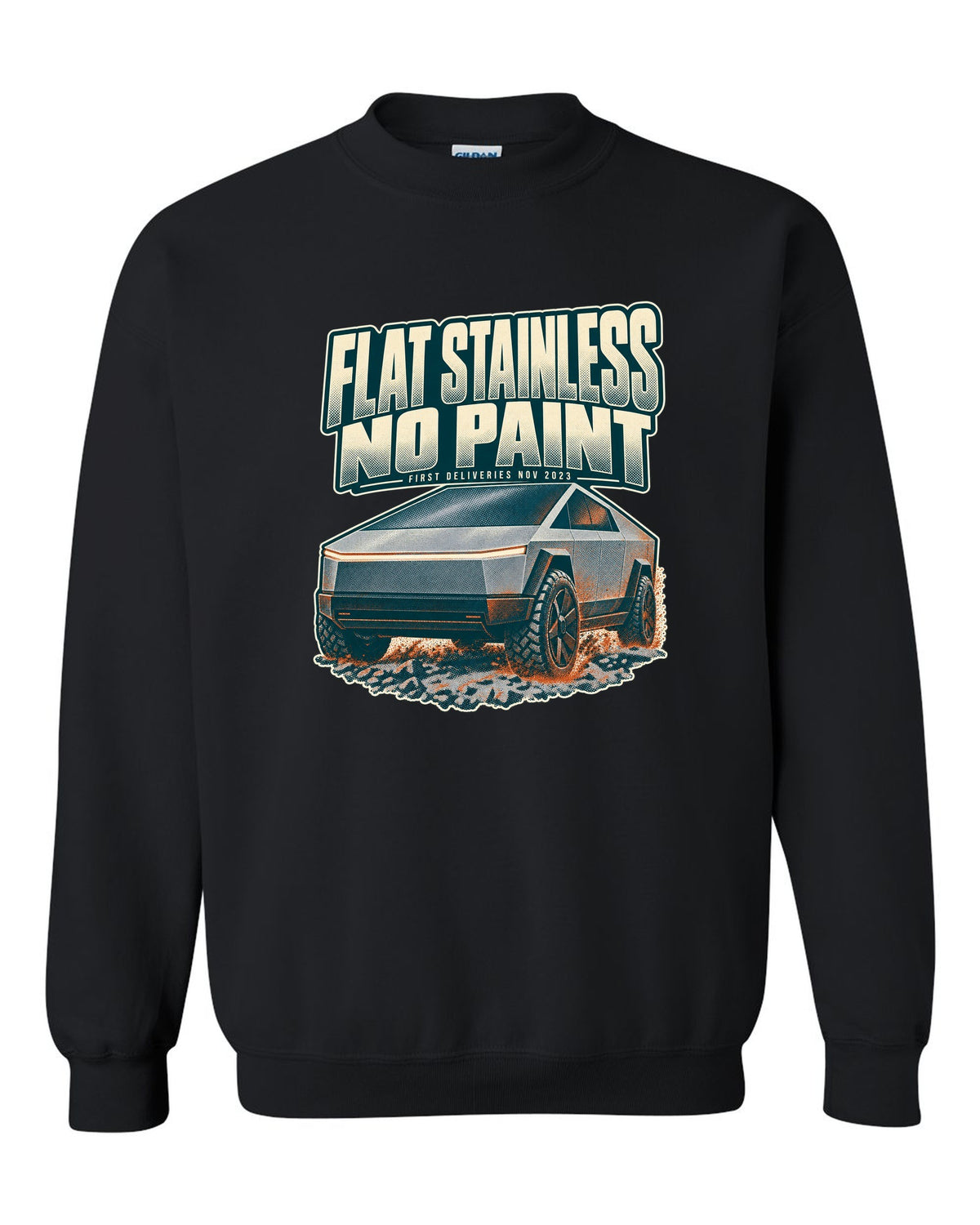 Halftone print of a Tesla Cybertruck front three-quarter with flat stainless text black crewneck front view with the design