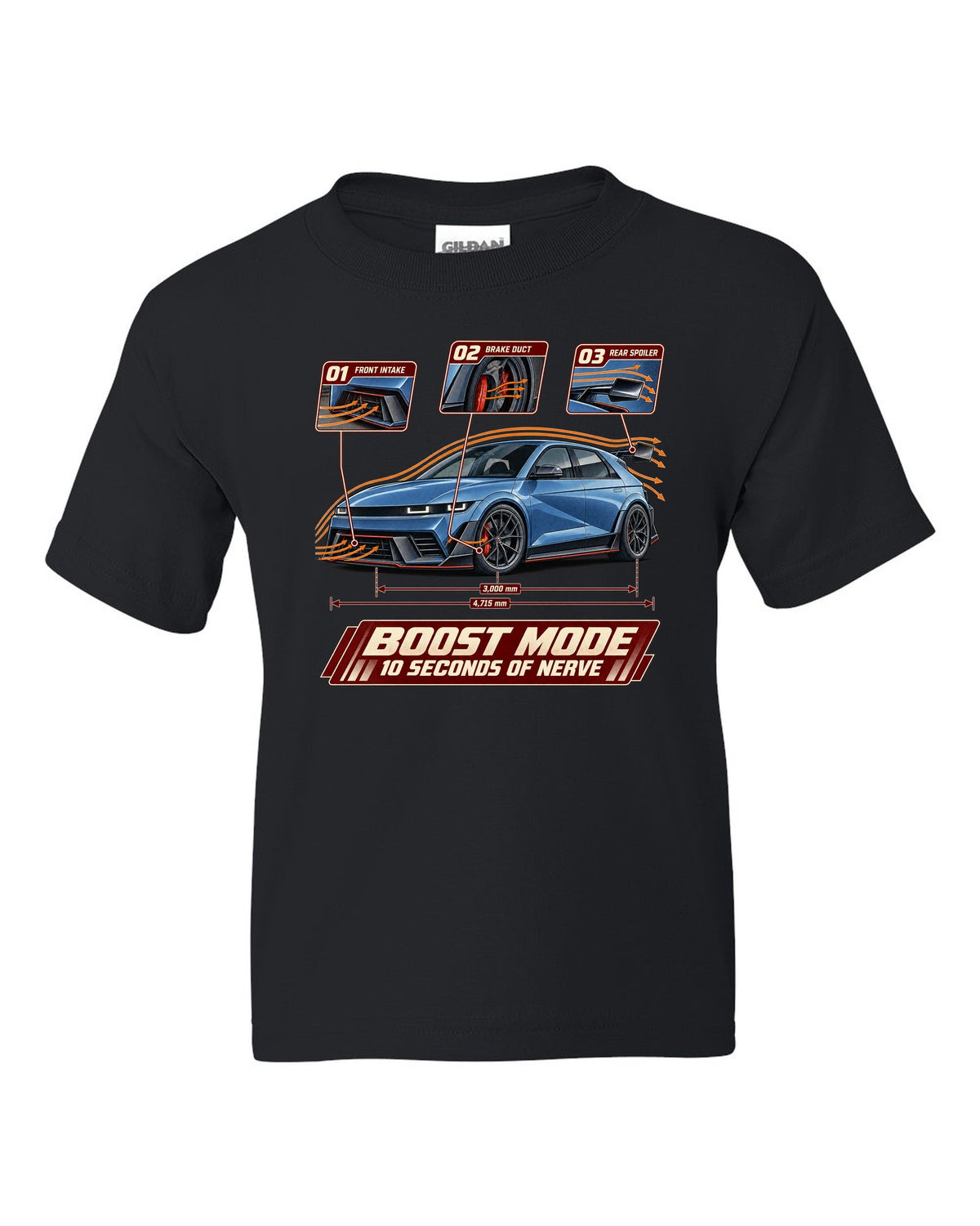 Hyundai Ioniq 5 N aero cutaway callouts print black kids tee front view with the design