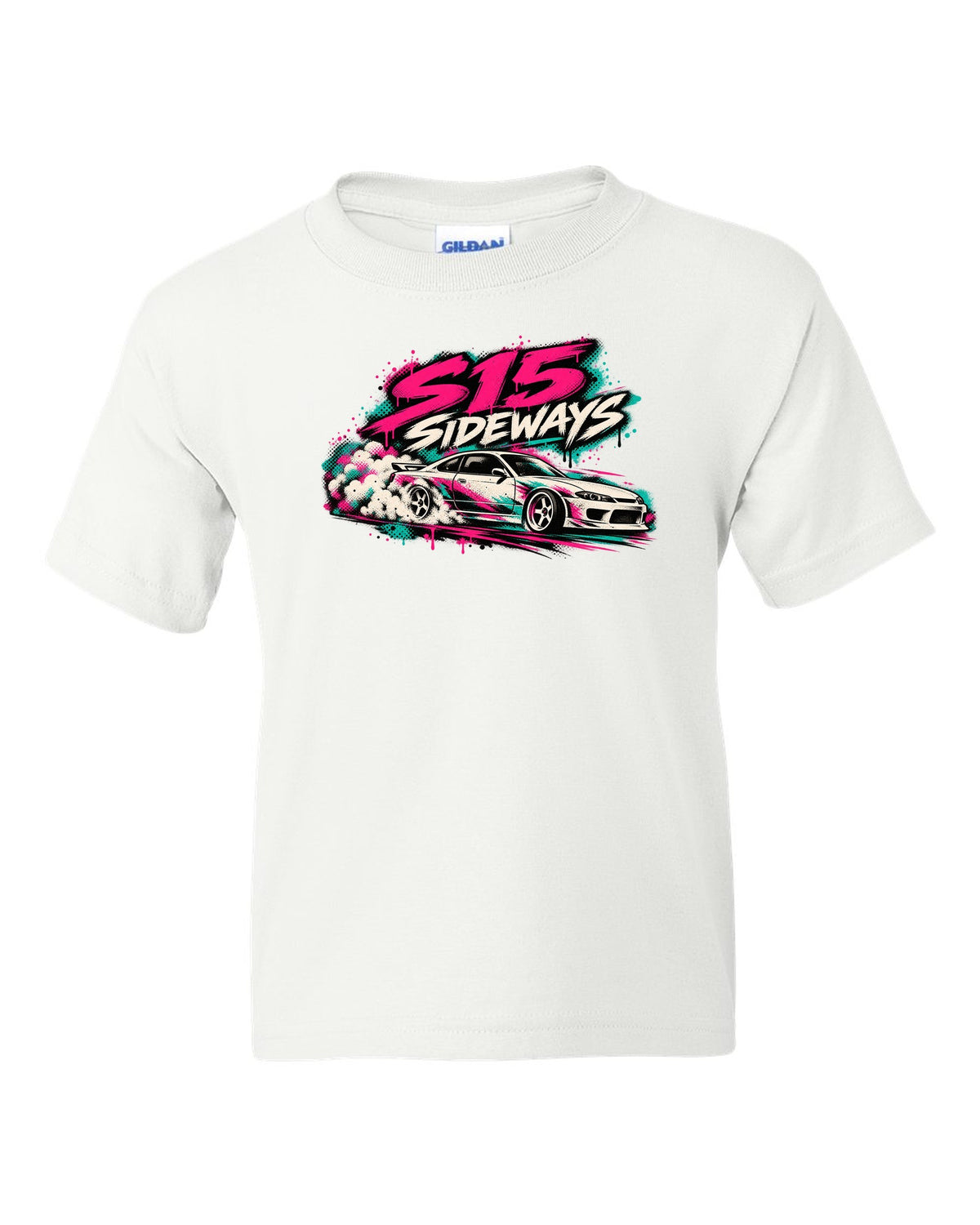 Stencil spray street art print of a Nissan Silvia S15 sliding sideways white kids tee front view with the design