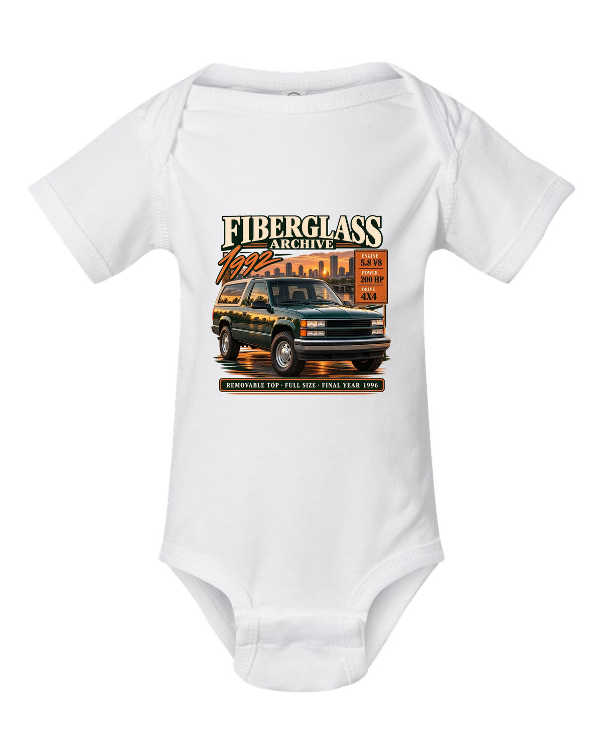 Ford Bronco OBS 1992-96 fiberglass archive panel print with 5.8 V8 and final year 1996 white baby onesie front view with the design