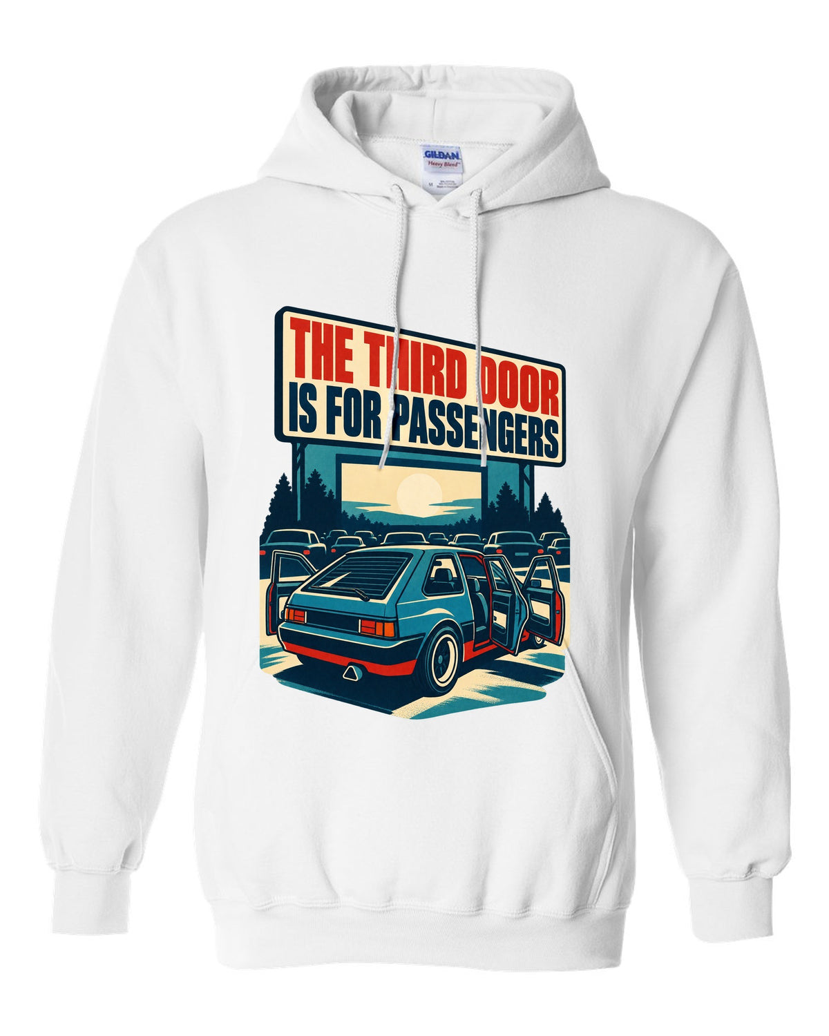 1960s litho race poster print of a Hyundai Veloster N JS with third door text white pull over hoodie front view with the design