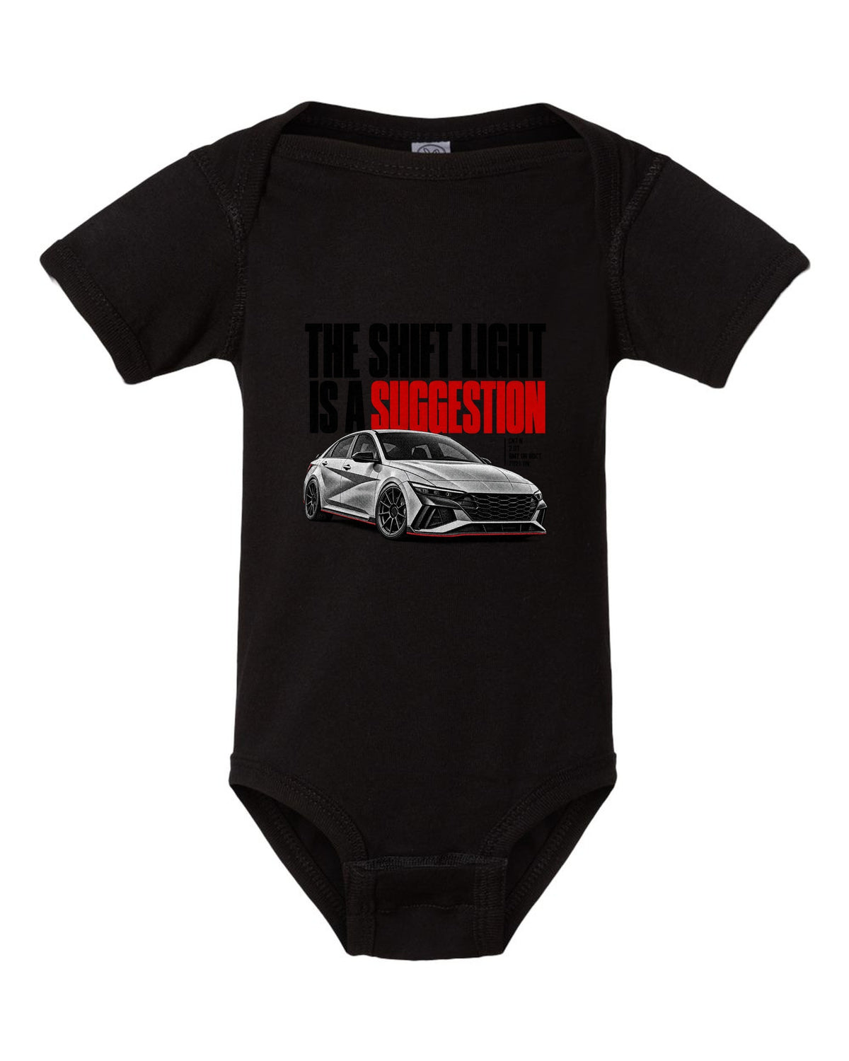 Halftone Hyundai Elantra N CN7 with the shift light is a suggestion text black baby onesie front view with the design