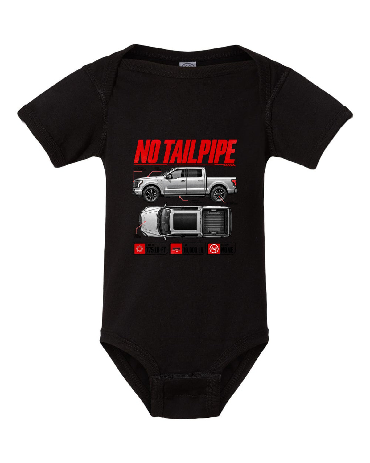 Ford F-150 Lightning 2022 top-down and profile spec sheet poster black baby onesie front view with the design