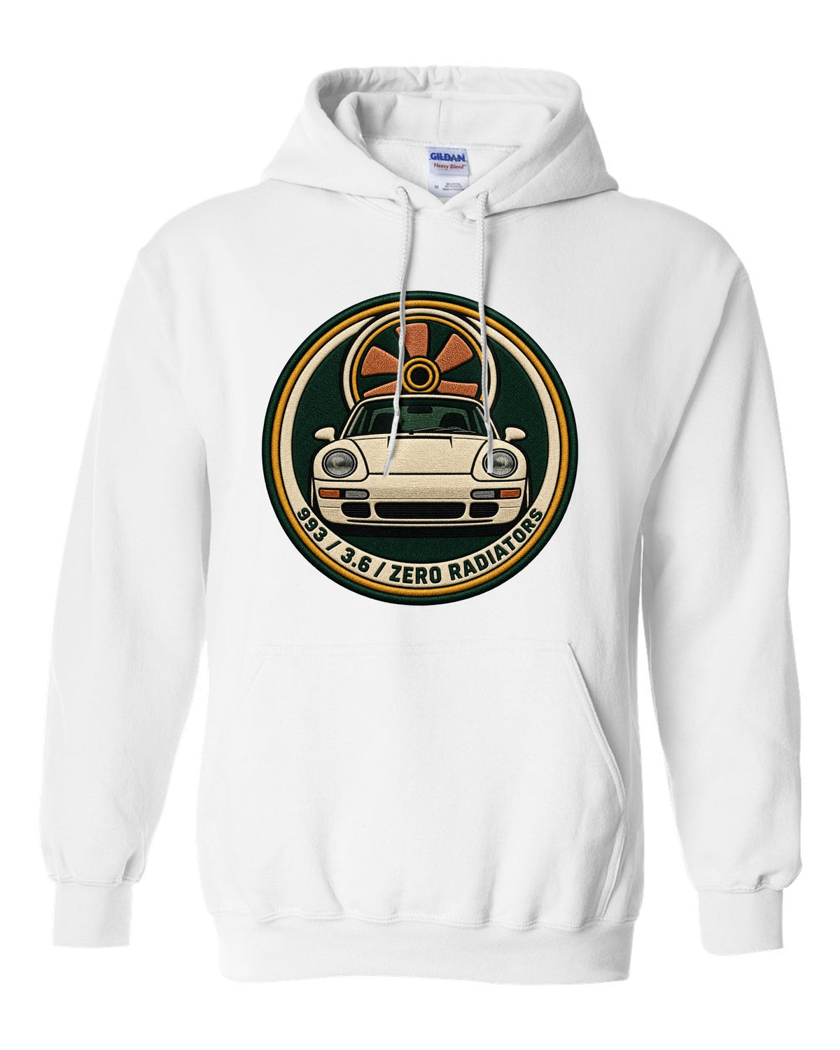 Round crest print of a Porsche 911 993 with the text 993, 3.6 and zero radiators white pull over hoodie front view with the design