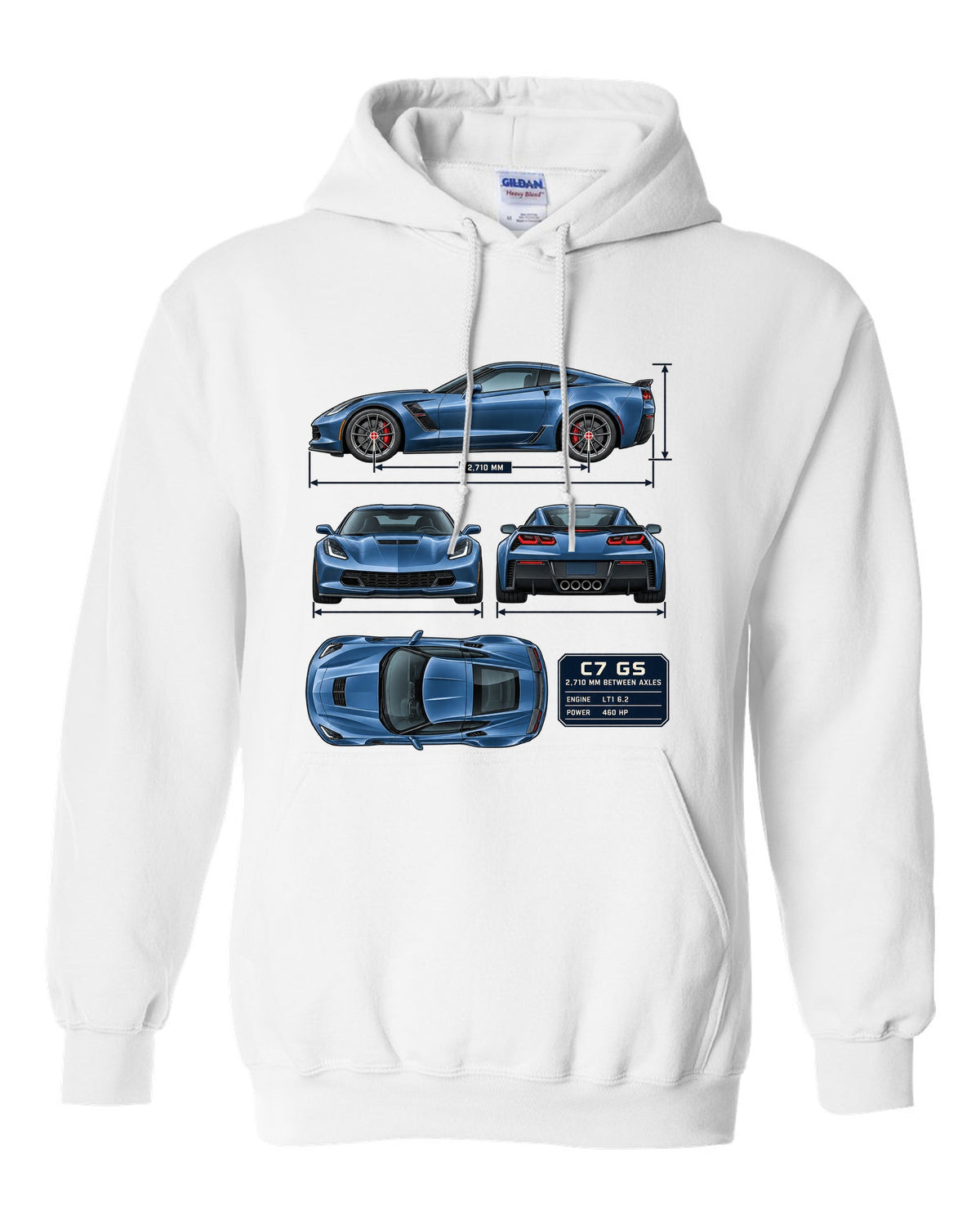 print of a Chevrolet Corvette C7 Grand Sport dimension blueprint with 2,710 mm wheelbase white pull over hoodie front view with the design