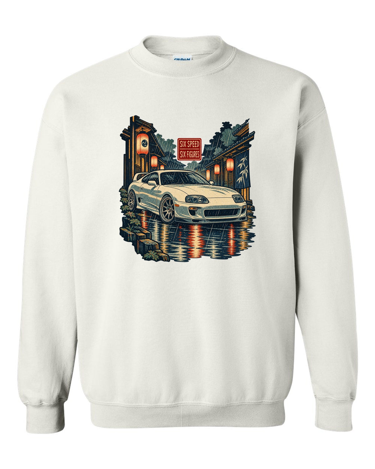 Ukiyo-e woodblock scene of a Toyota Supra A80 JZA80 in lantern rain with six speed six figures text white crewneck front view with the design