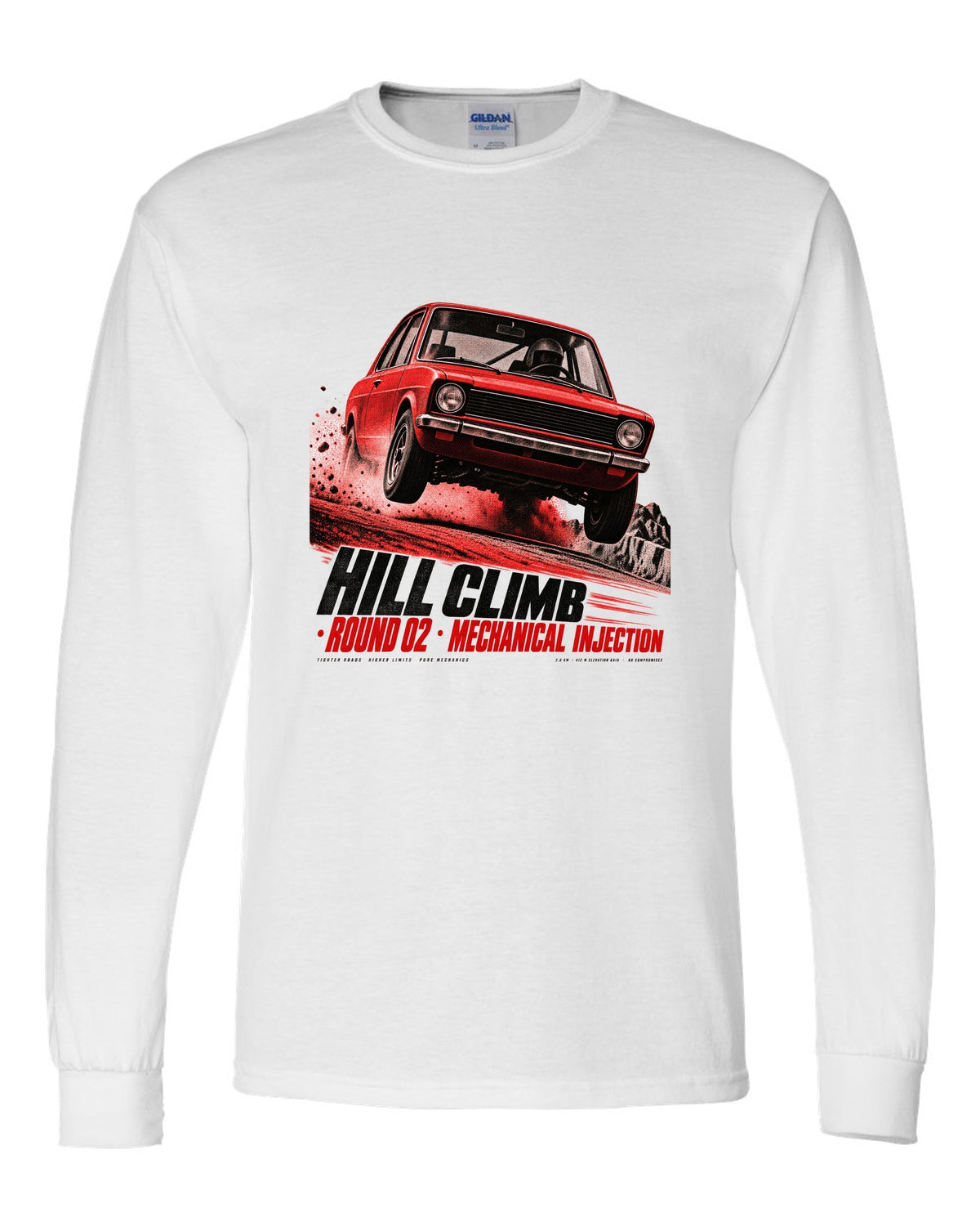 BMW 2002 tii hill climb race poster print with mechanical injection text white long sleeve front view with the design