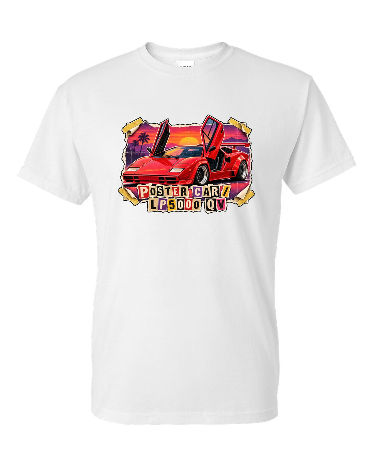 Magazine-cutout collage of a Lamborghini Countach LP5000 QV styled as a pull-out poster car white t-shirt front view with the design
