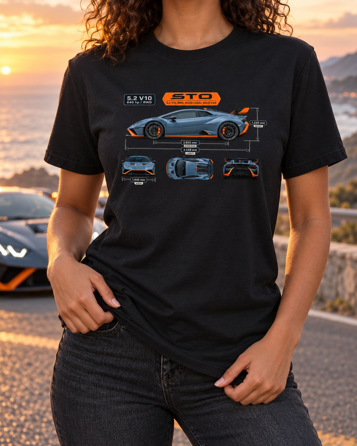 Huracan STO Dimension Blueprint Tee, V10 Car Guy Gift T-Shirt Black worn hero