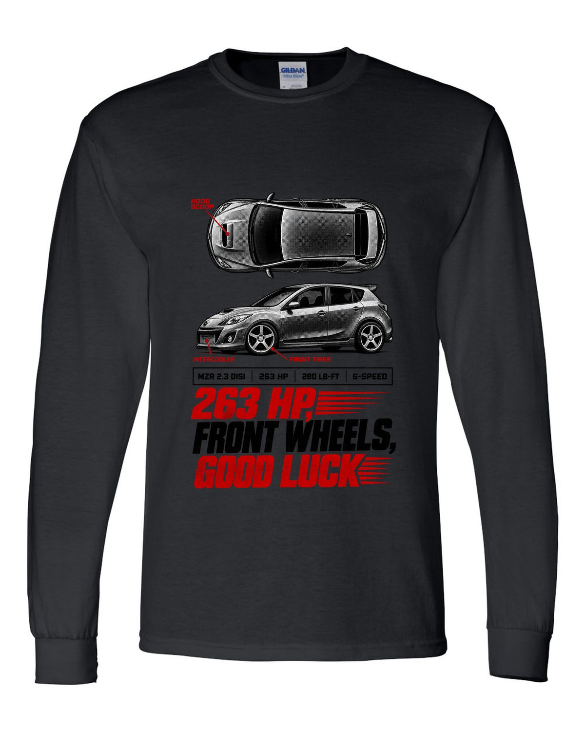 Top-down and profile views of a Mazdaspeed3 BK with 263 HP spec poster text black long sleeve front view with the design