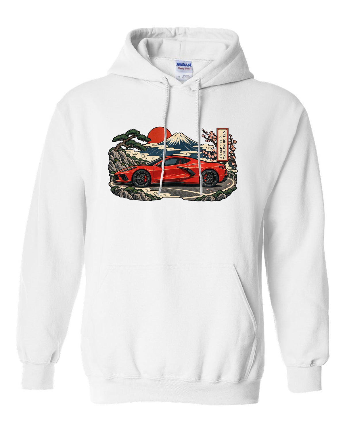 Synthwave sunset grid design with a 2020 C8 Corvette Stingray seen from the rear three-quarter white pull over hoodie front view with the design