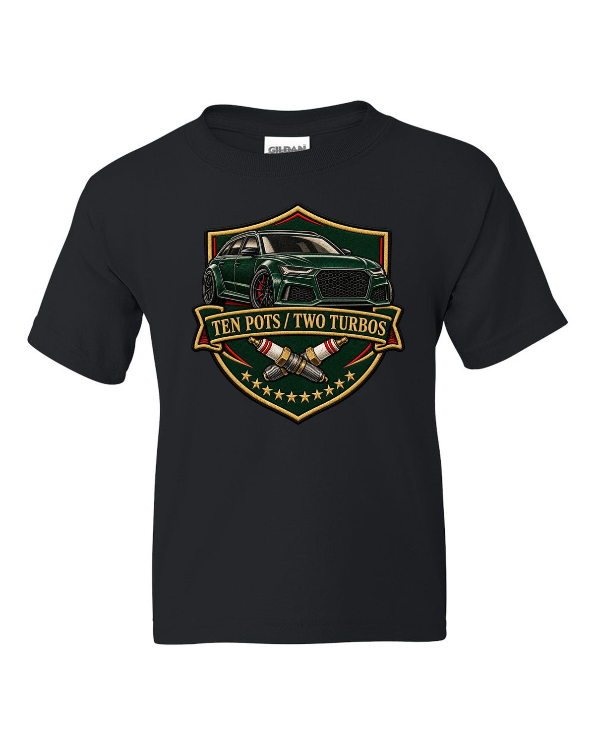 Varsity-style crest design of the Audi RS6 Avant C6 4F with ten pots two turbos lettering black kids tee front view with the design