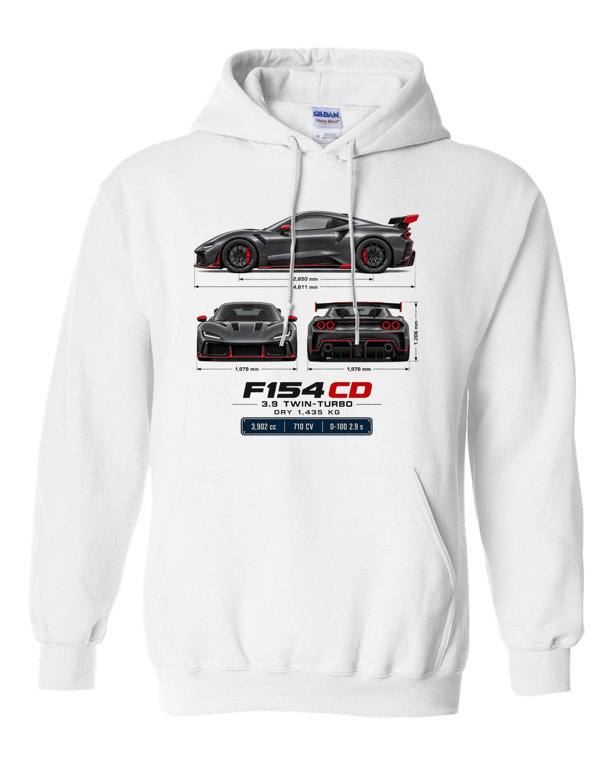 Ferrari F8 Tributo three-view spec table print with F154 CD engine code white pull over hoodie front view with the design