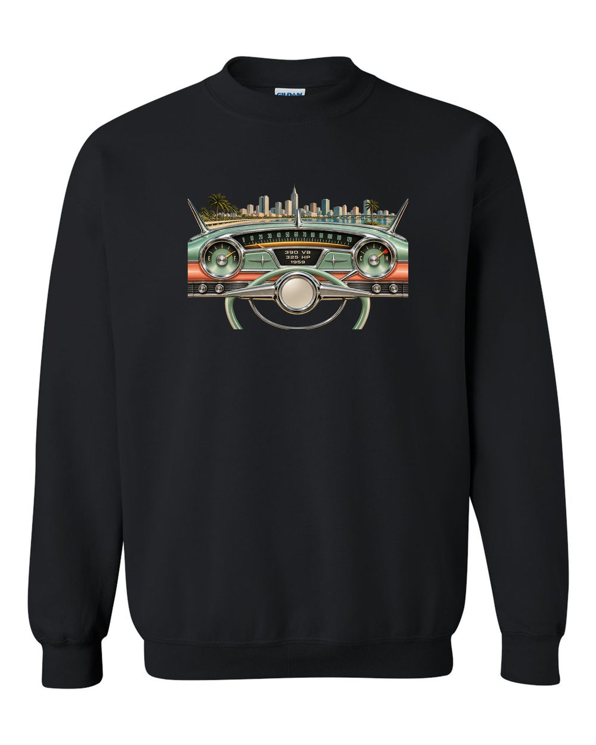1959 Cadillac Series 62 dashboard instrument cluster HUD graphic with 390 V8 text black crewneck front view with the design