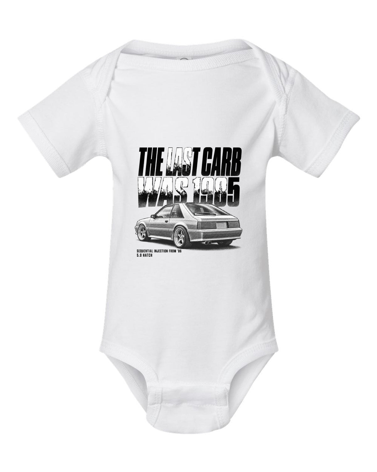 Halftone print of a 1986-89 Ford Mustang Fox Body GT chback white baby onesie front view with the design