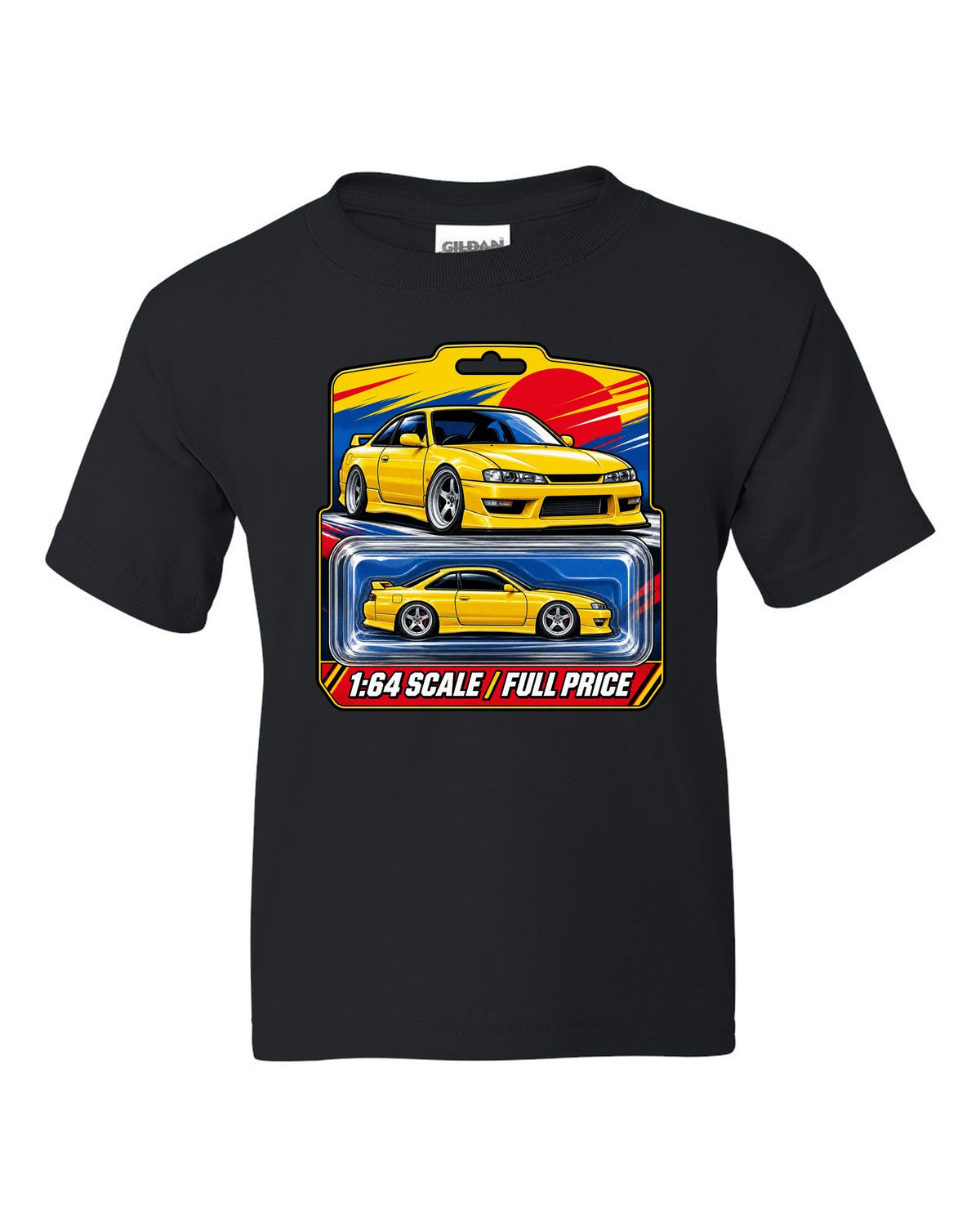Toy blister card layout print of a Nissan Silvia S14 with 1:64 scale full price text black kids tee front view with the design