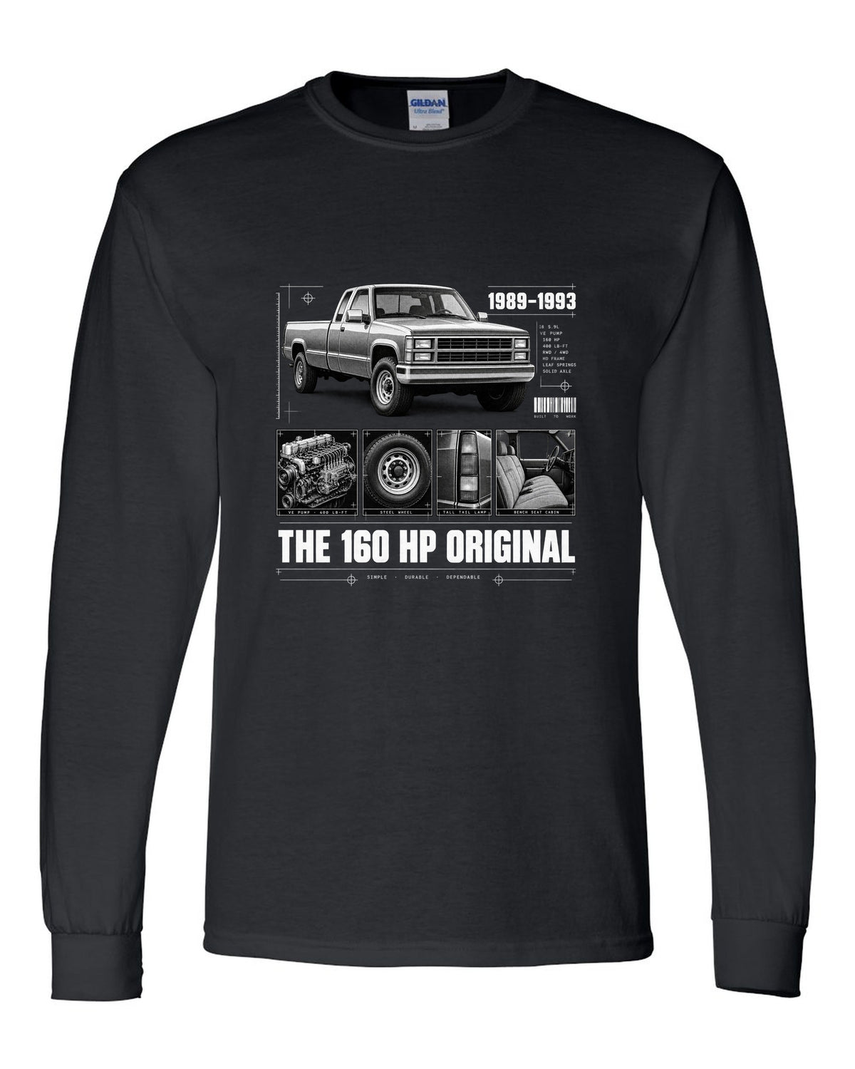 Dossier print of a 1989-93 Dodge D250 1st gen Cummins with VE pump and torque figures black long sleeve front view with the design