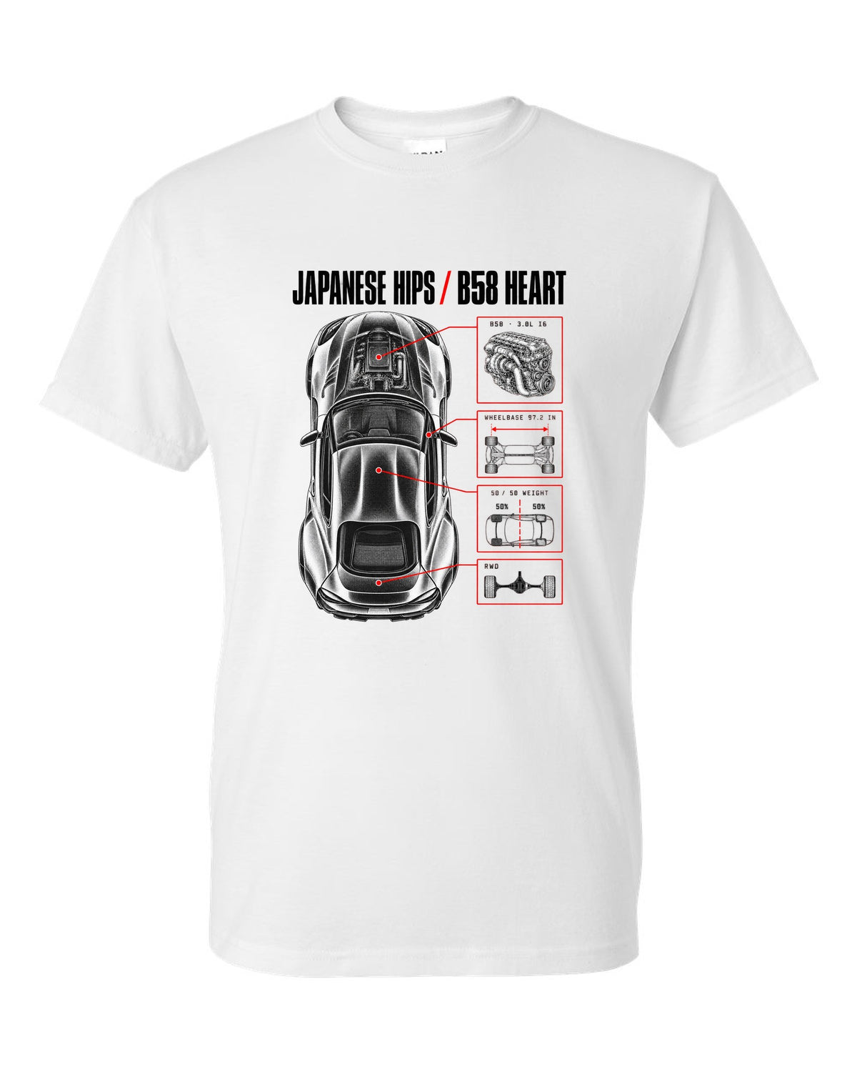 Spec poster print of a Toyota GR Supra A90 with the text Japanese Hips B58 Heart white t-shirt front view with the design