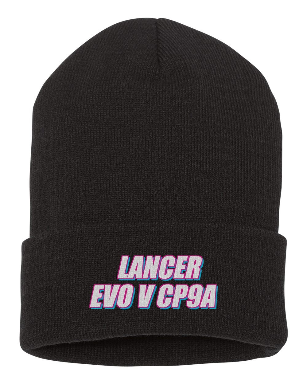Lancer Evo V Cp9A black beanie front view with car name