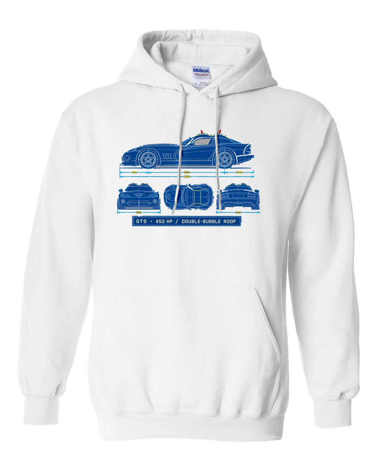 Cyanotype blueprint print of a 1996 Dodge Viper GTS SR II with double-bubble roof text white pull over hoodie front view with the design