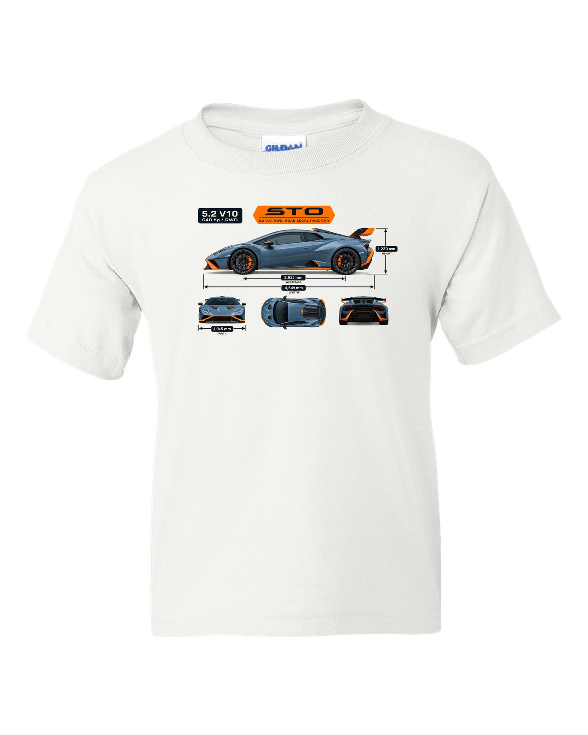 Dimension blueprint print of the Lamborghini Huracan STO white kids tee front view with the design