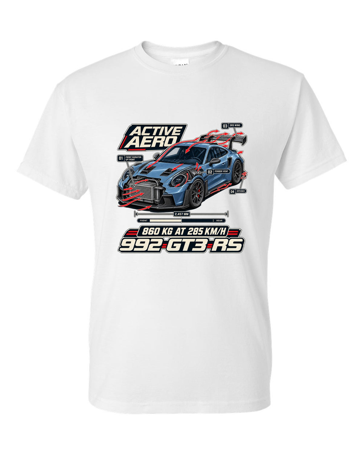 Porsche 992 GT3 RS aero and cutaway callouts print design white t-shirt front view with the design