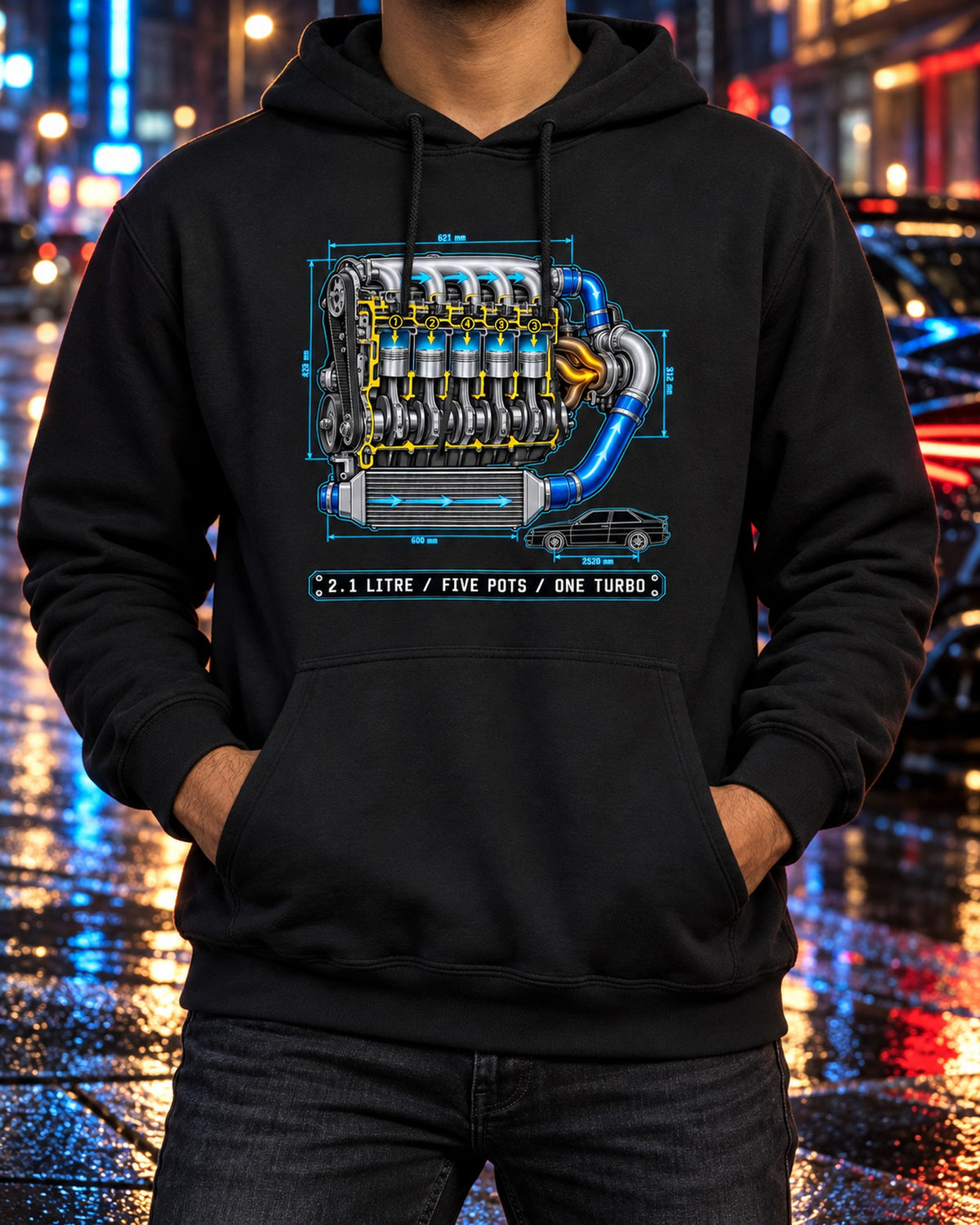 Audi Ur-Quattro Type 85 Five-Pot Technical Blueprint Shirt Pull Over Hoodie Black worn hero