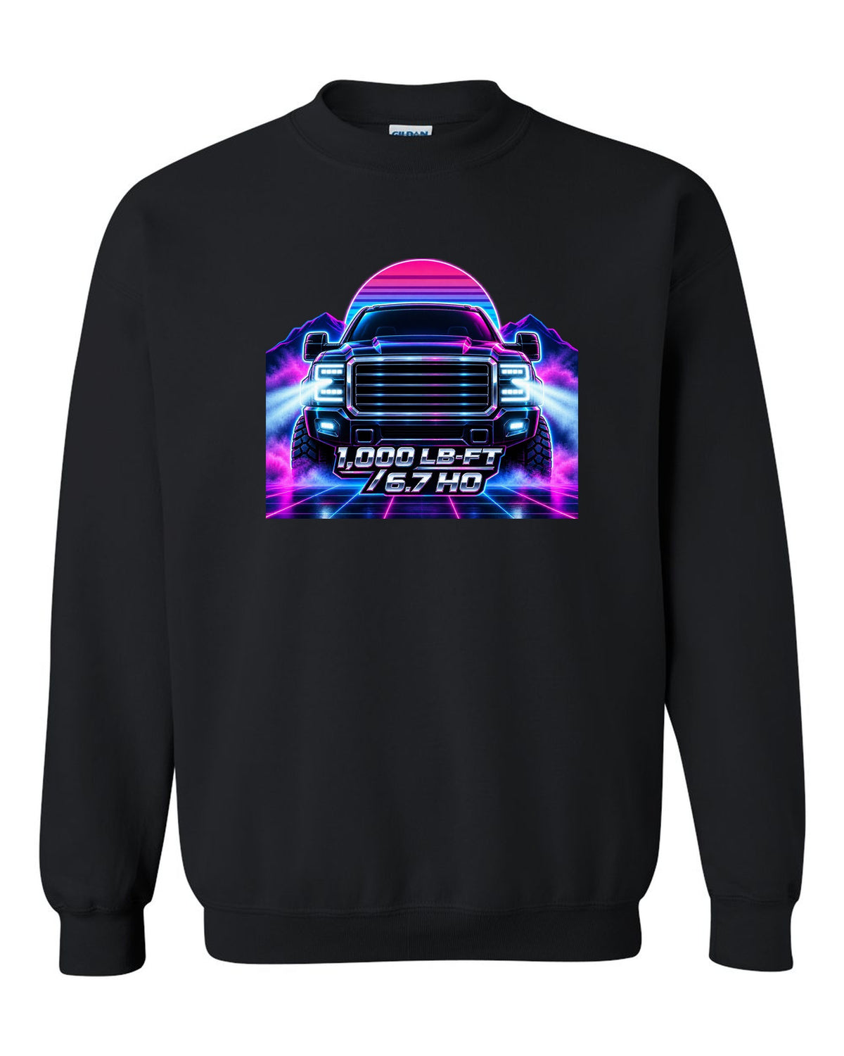 Neon synthwave grid print of a 2019-2024 Ram HD 2500 6.7 Cummins HO black crewneck front view with the design