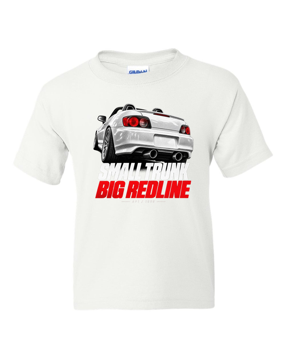 Honda S2000 AP1 roadster taillight detail design with small trunk big redline text white kids tee front view with the design