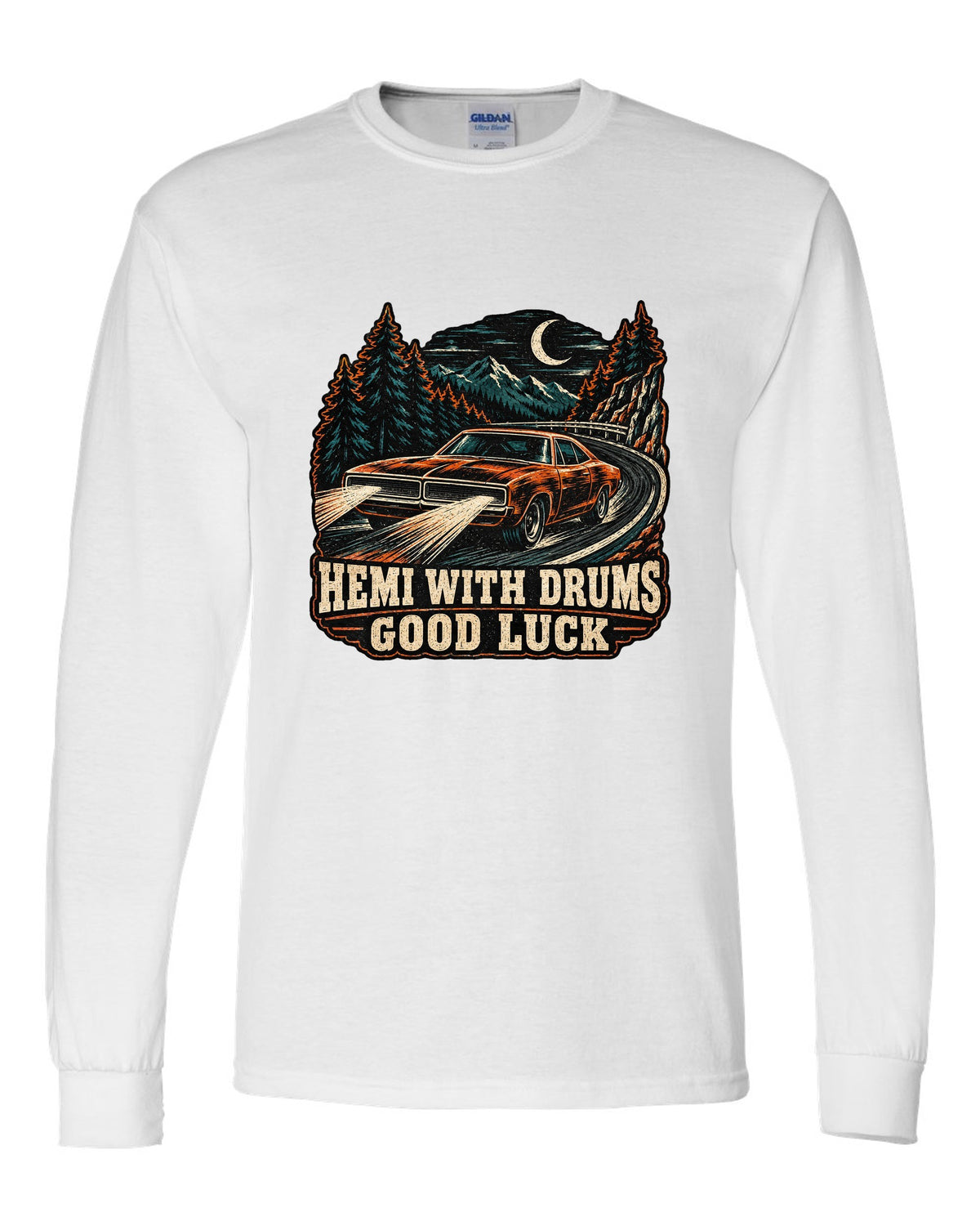 1968 Dodge Charger R/T multi-ink woodcut linocut print with Hemi With Drums Good Luck text white long sleeve front view with the design