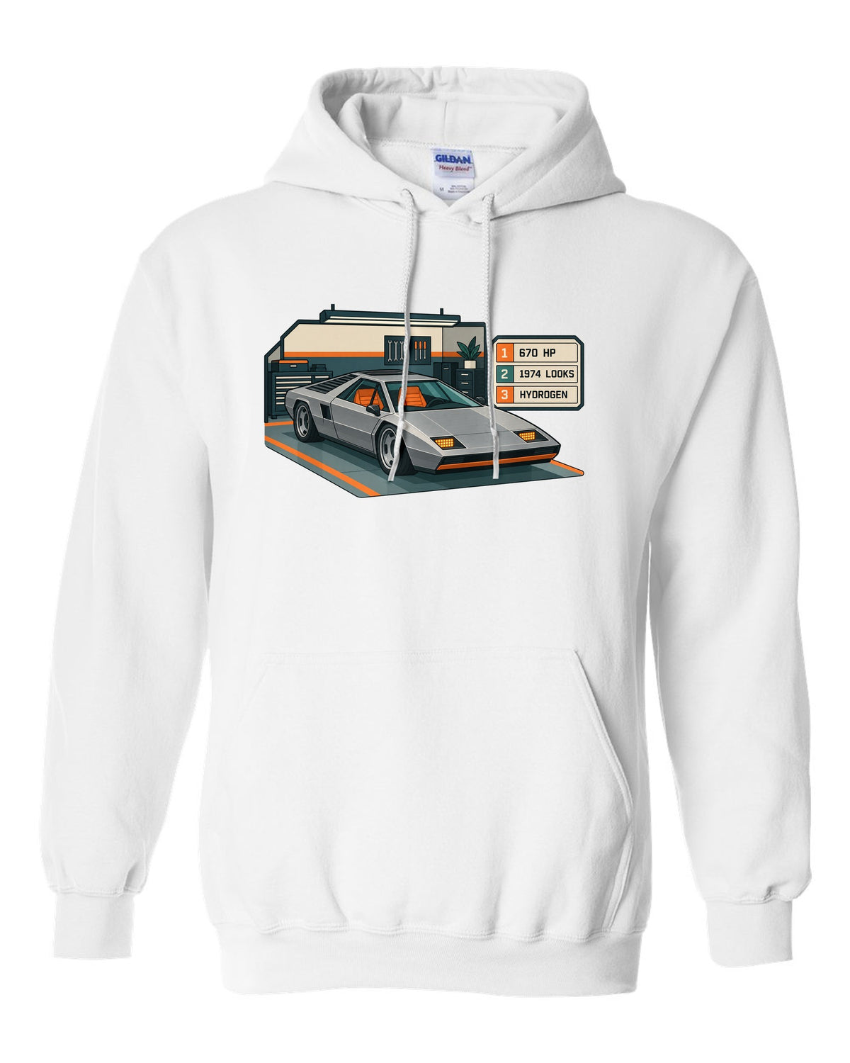 Hyundai N Vision 74 concept spec-sheet data plate print with 670 HP and hydrogen text white pull over hoodie front view with the design