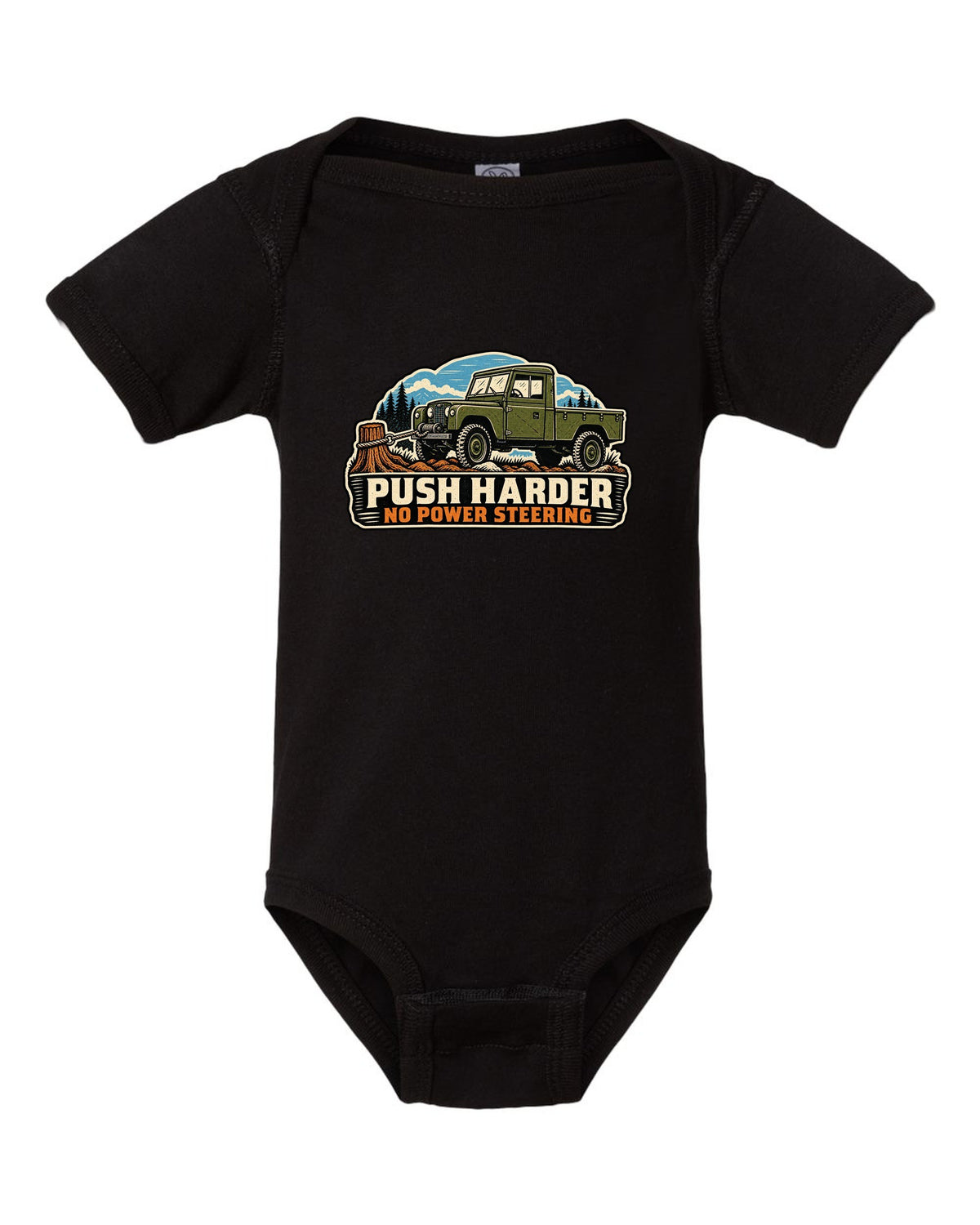 Linocut print of a Dodge Power Wagon WM300 flat fender winching with no power steering text black baby onesie front view with the design