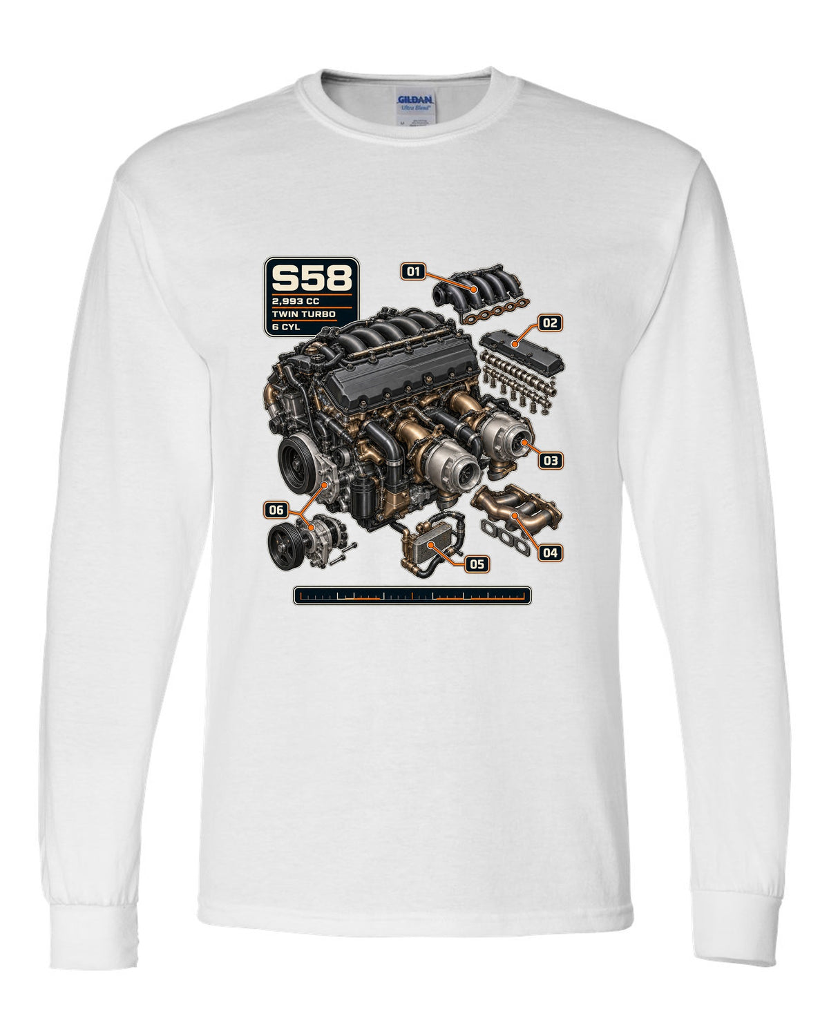 BMW S58 twin-turbo inline-six engine print with 2,993 cc text white long sleeve front view with the design
