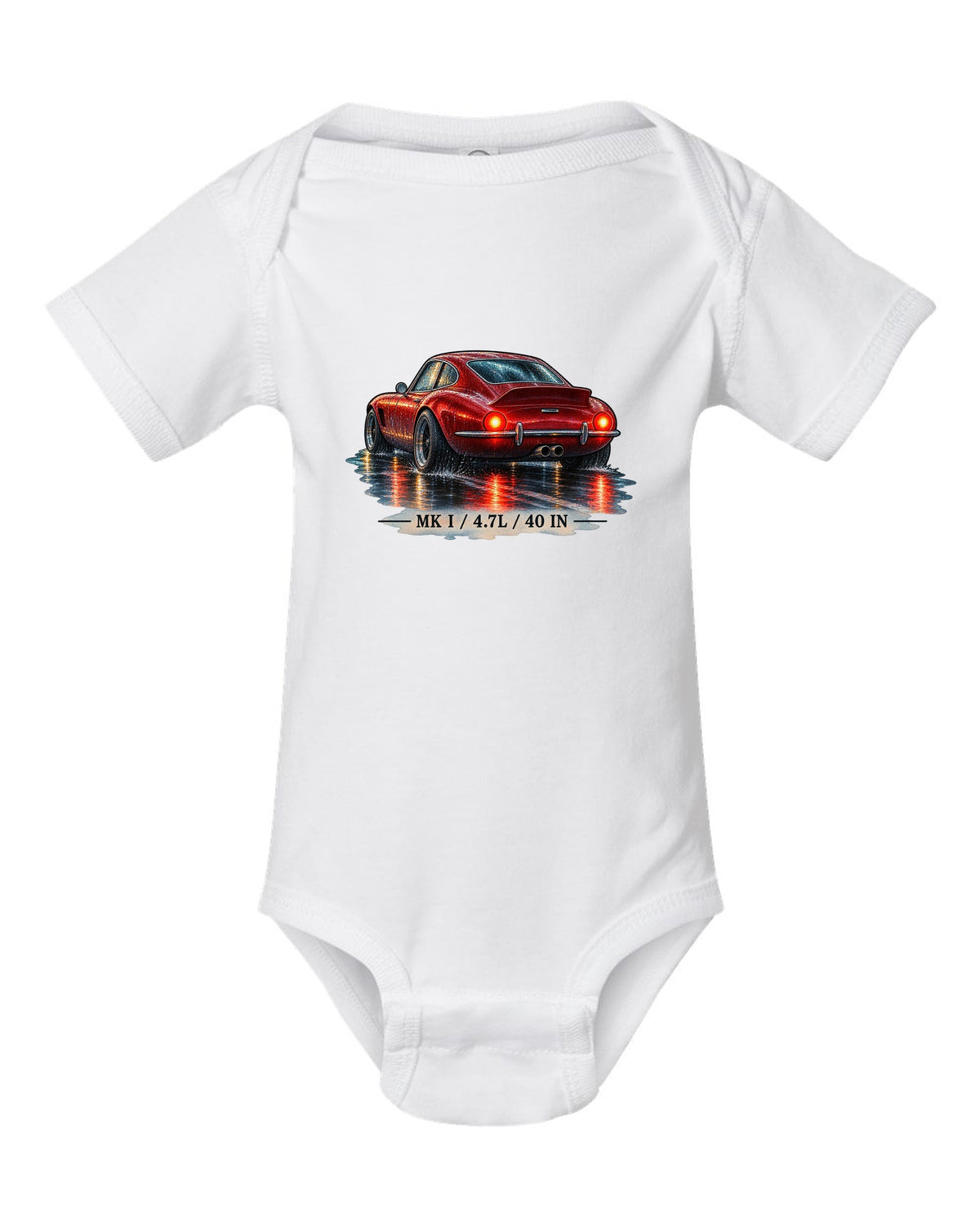 Watercolour of a Ford GT40 Mk I on a wet night road with 4.7L lettering white baby onesie front view with the design