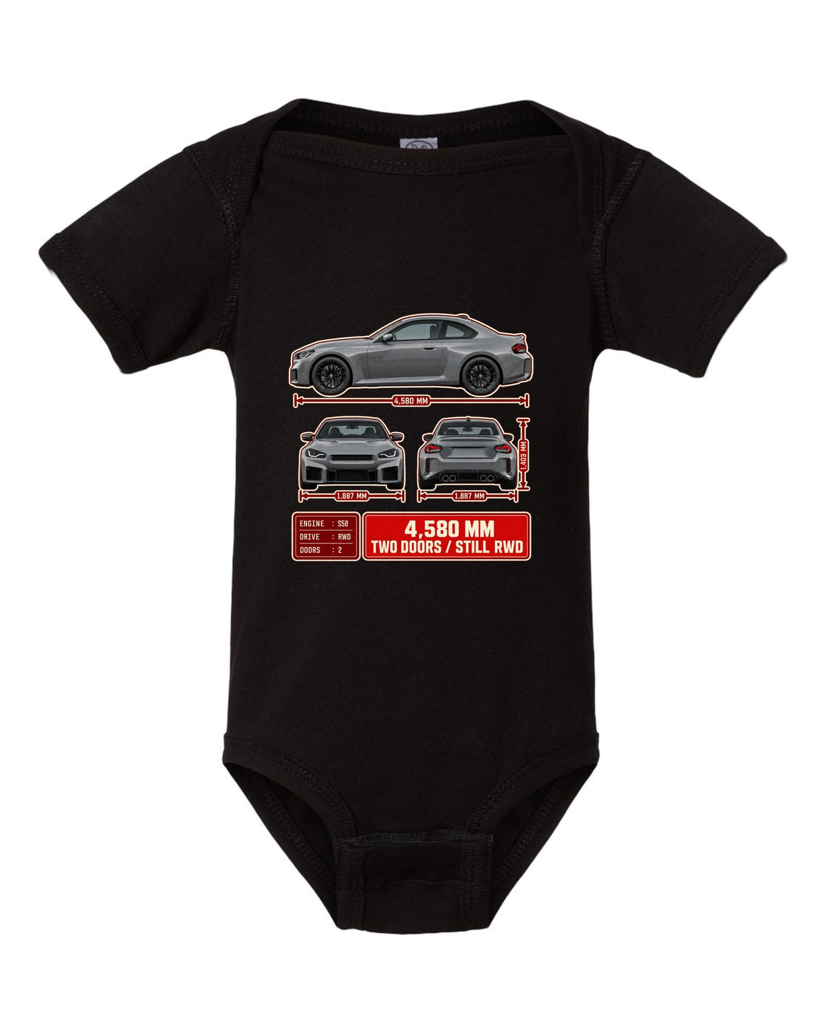 BMW M2 G87 three-view drawing with spec table noting 4,580 mm and rear-wheel drive black baby onesie front view with the design