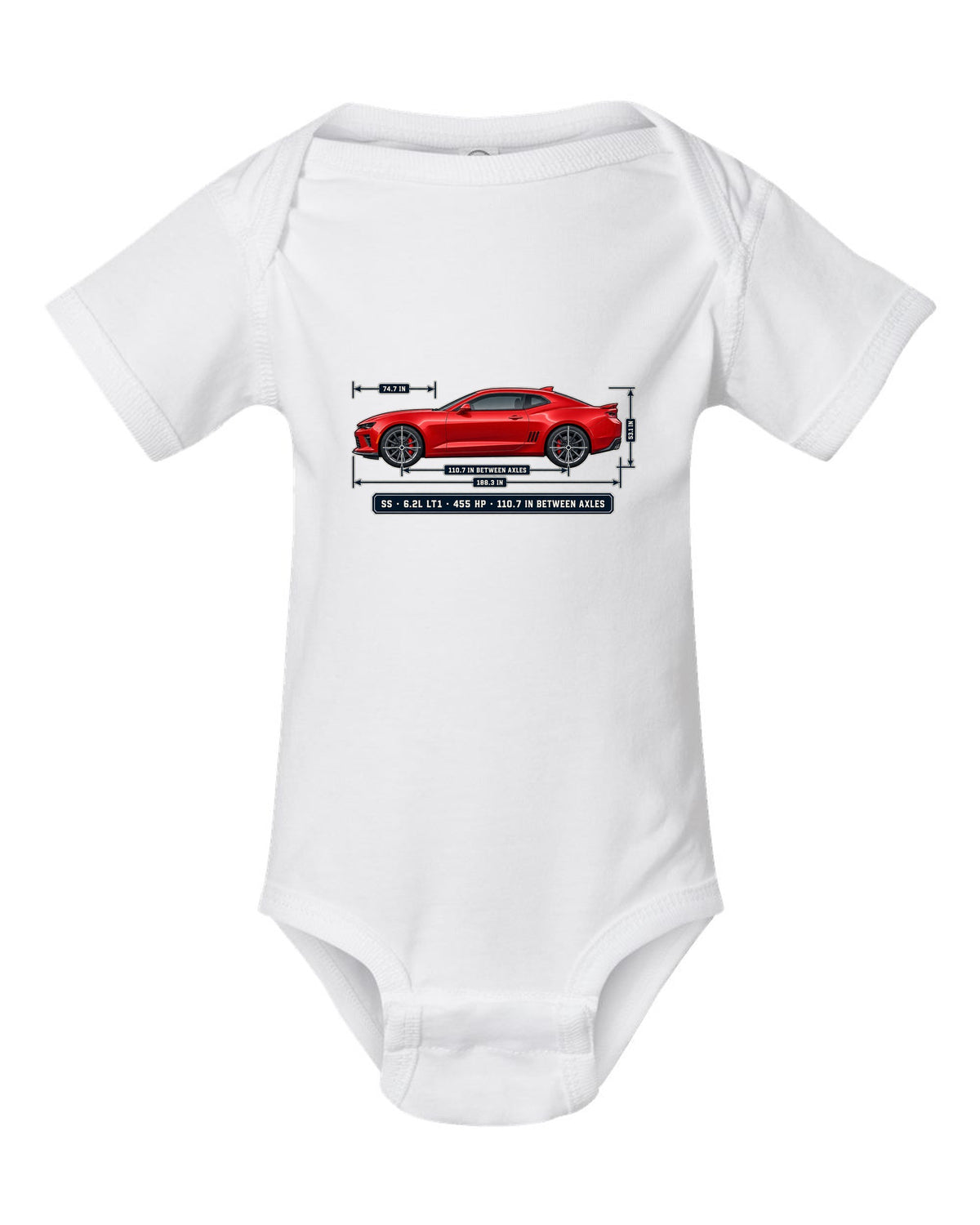 Dimension blueprint print of a 6th generation Chevrolet Camaro SS coupe white baby onesie front view with the design