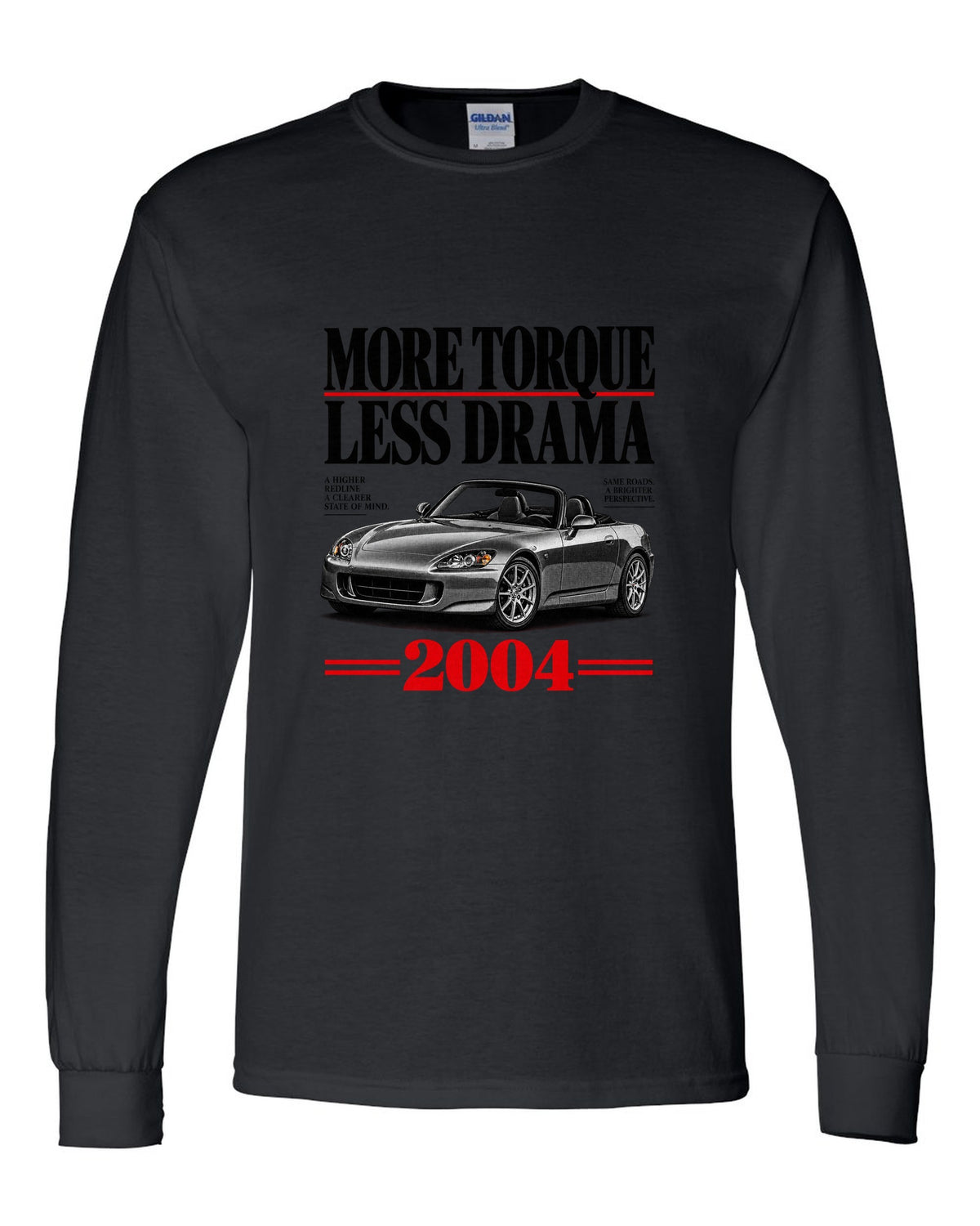 Honda S2000 AP2 roadster editorial headline design with more torque less drama text black long sleeve front view with the design