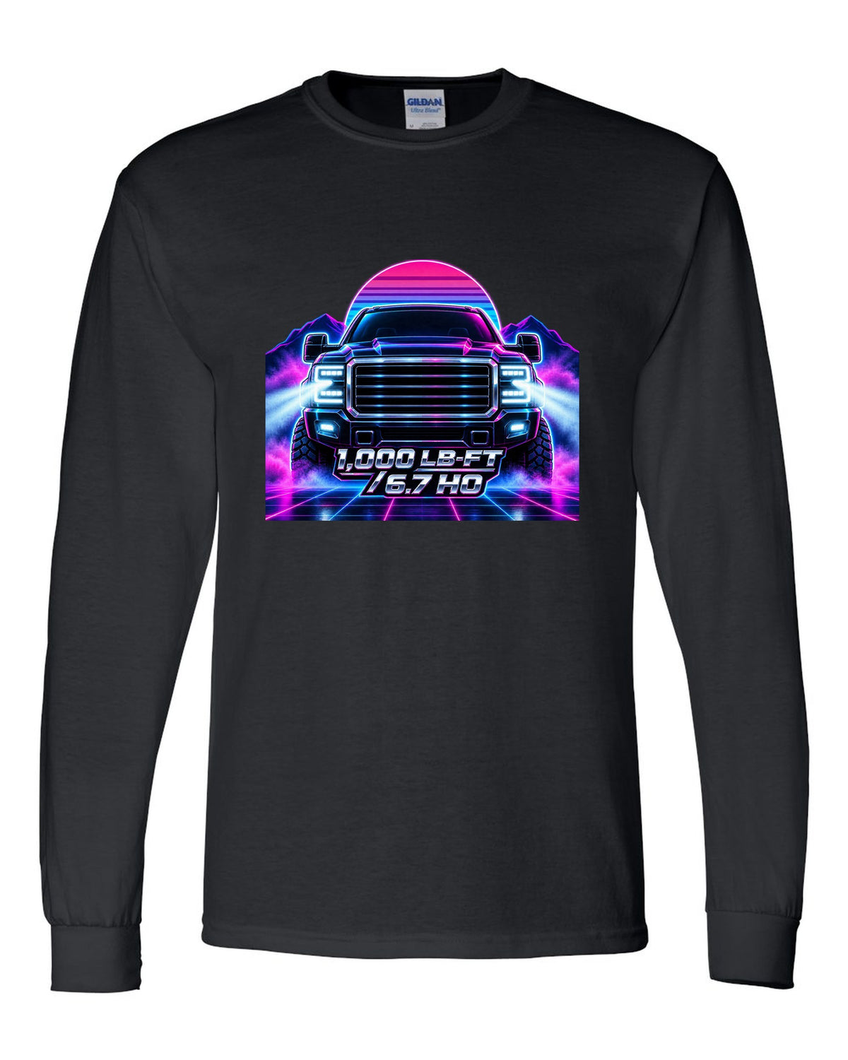 Neon synthwave grid print of a 2019-2024 Ram HD 2500 6.7 Cummins HO black long sleeve front view with the design
