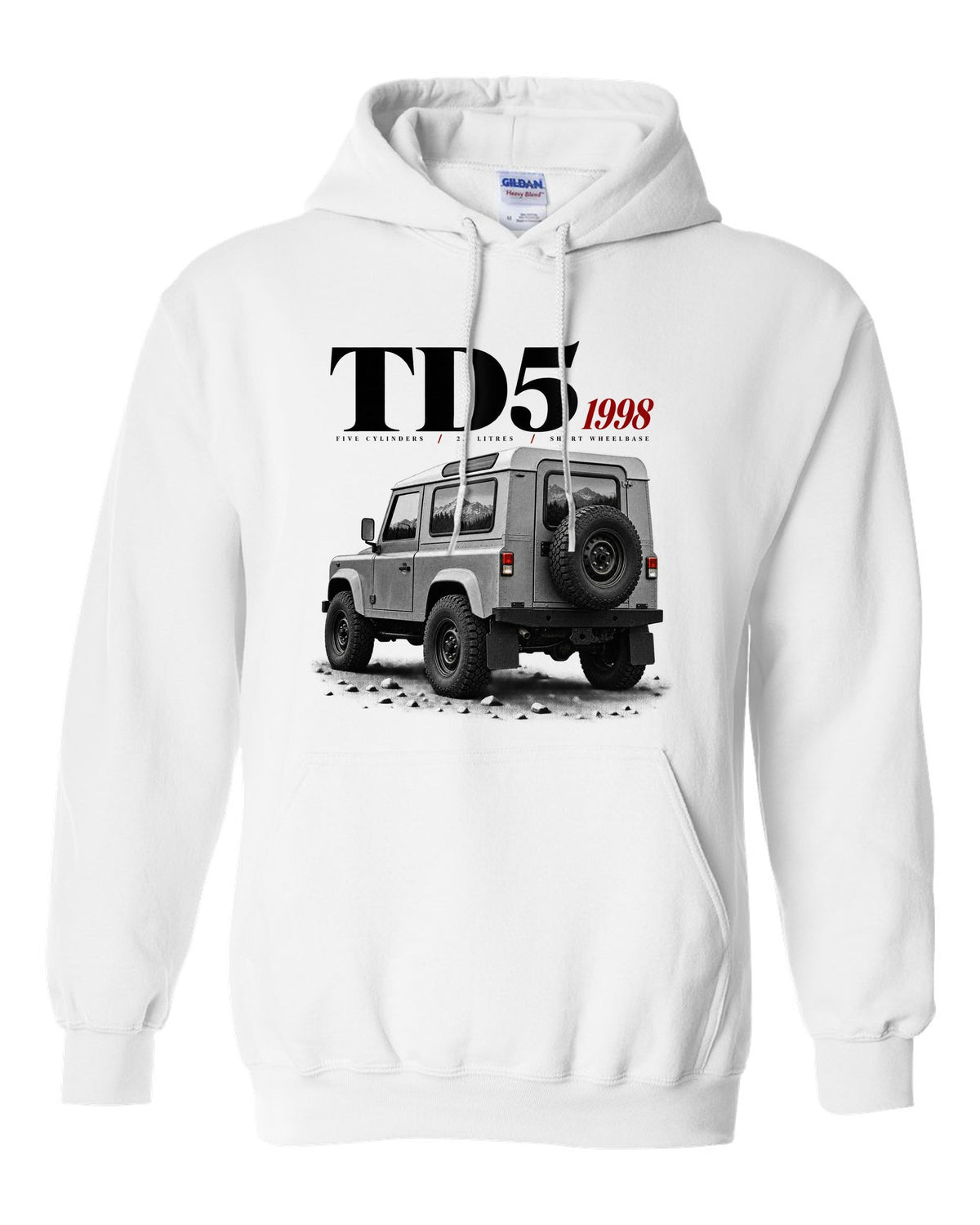 Land Rover Defender 90 editorial headline print about the 1998 Td5 engine white pull over hoodie front view with the design