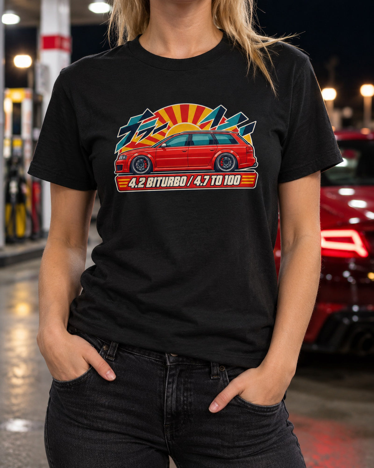 Audi RS6 Avant C5 Retro Showa Wagon Ad Shirt, Car Guy Gift T-Shirt Black worn hero