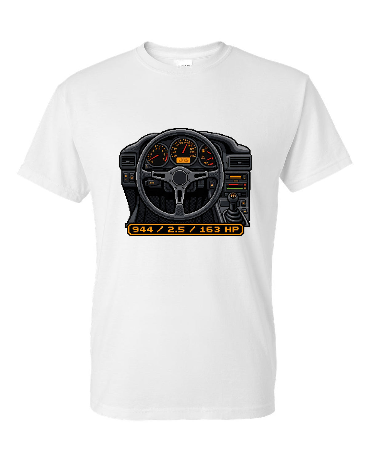 Dot-matrix pixel art of a Porsche 944 styled like a digital dash display white t-shirt front view with the design