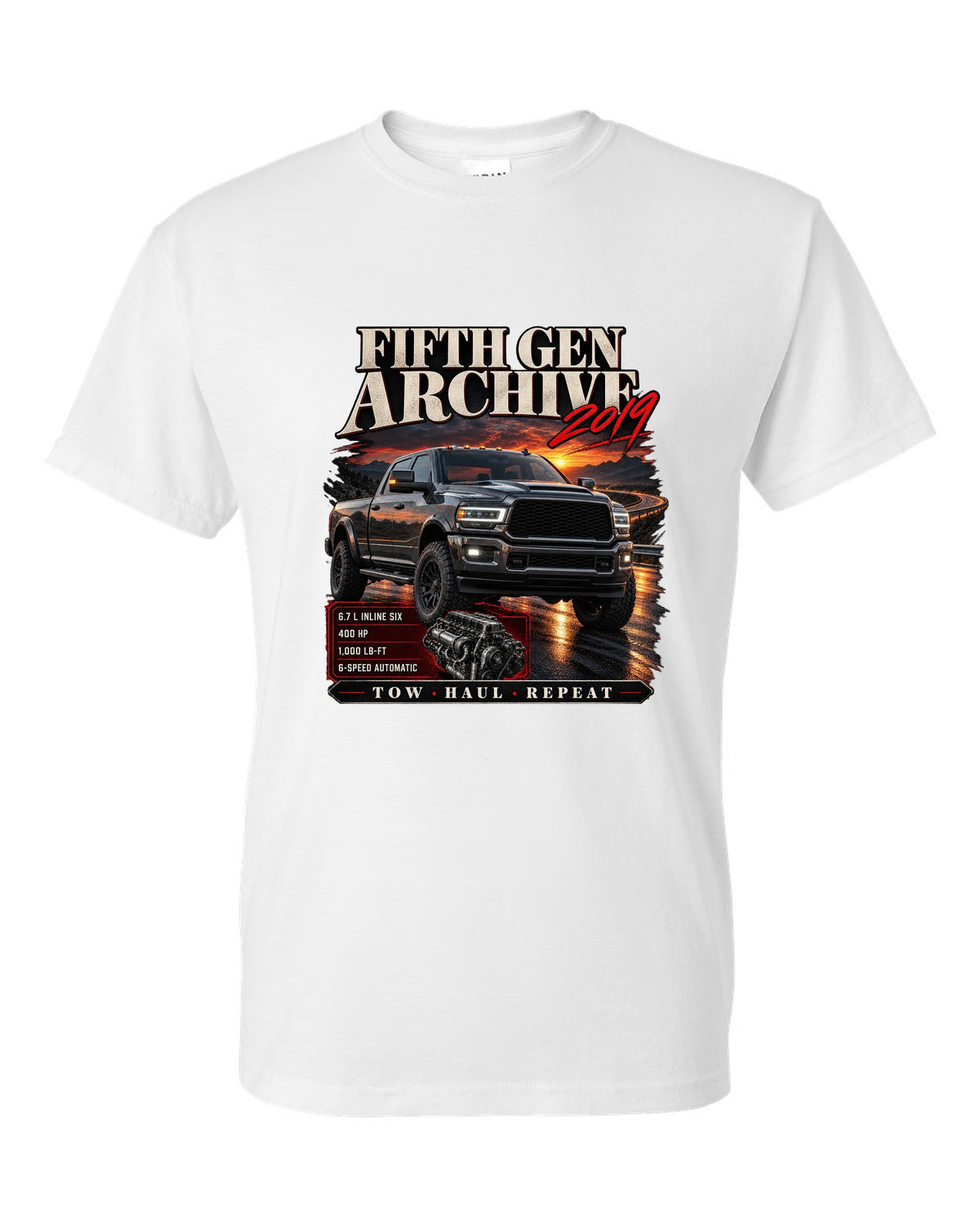Archive panel print of a 2019 Ram HD 2500 6.7 HO diesel pickup with torque figure white t-shirt front view with the design