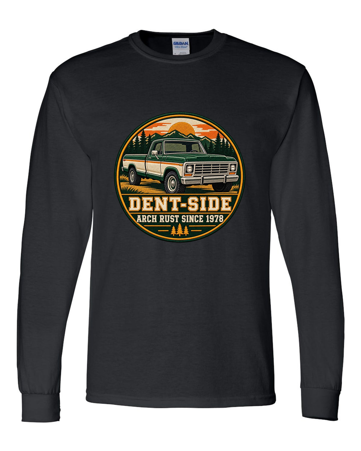 Dent-Side Ford F-150 1973-79 Varsity Crest Graphic Tee black long sleeve front view with the design